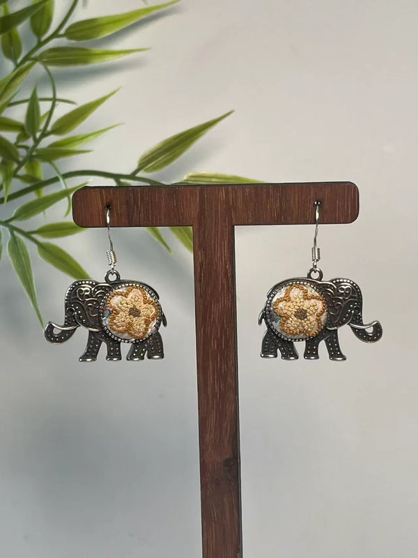 Miao Silver Plated Elephant Flower Drop Earrings Gold