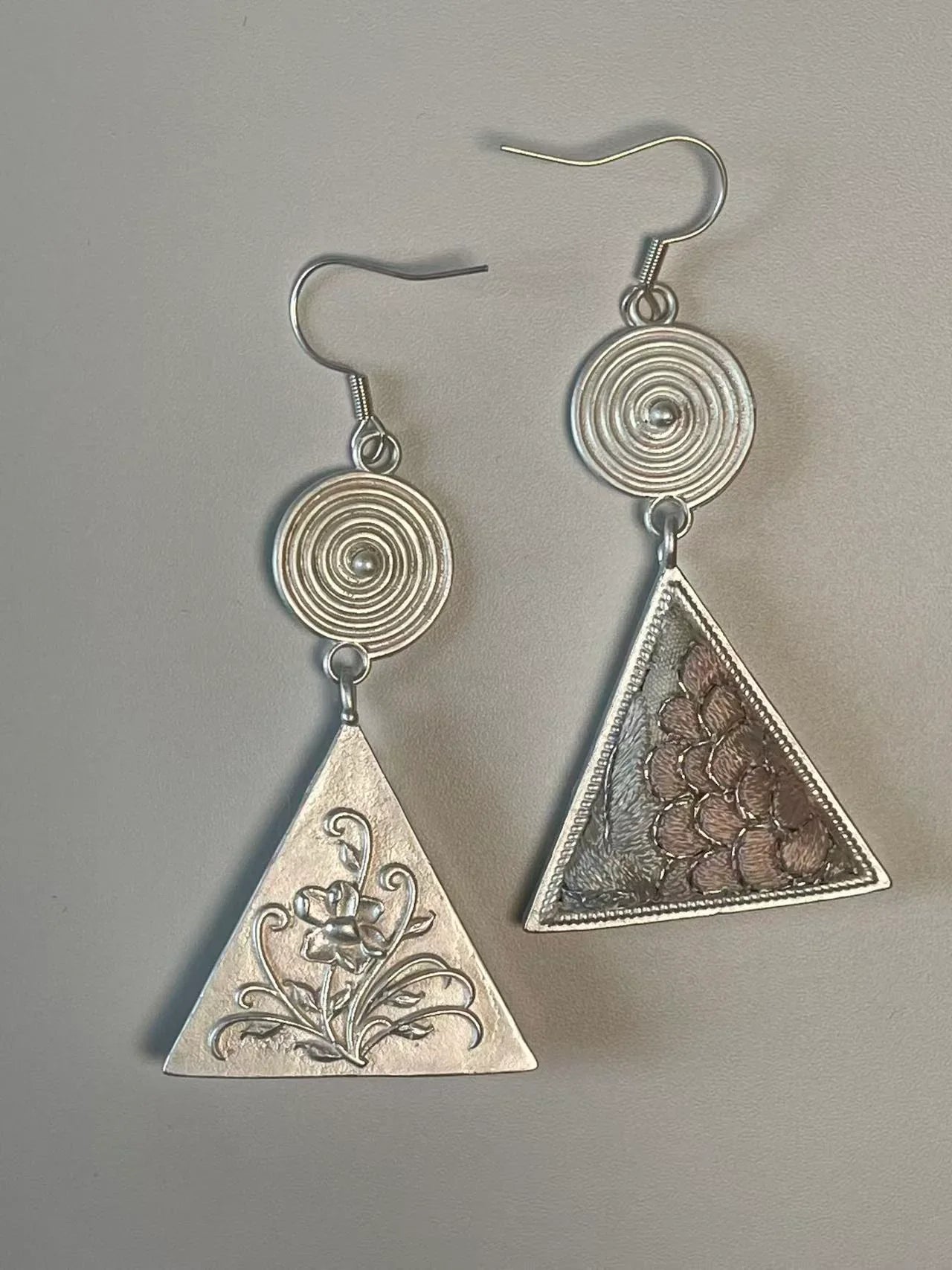 Miao Silver Plated Spiral Flower Triangle Drop Earrings Pink