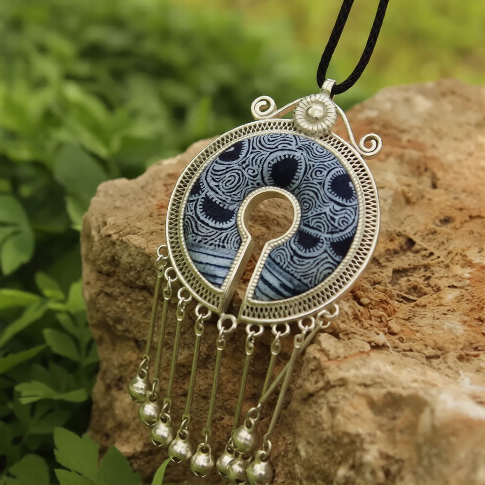 Miao Silver Dragon Phoenix Round Pendant Necklace for Women