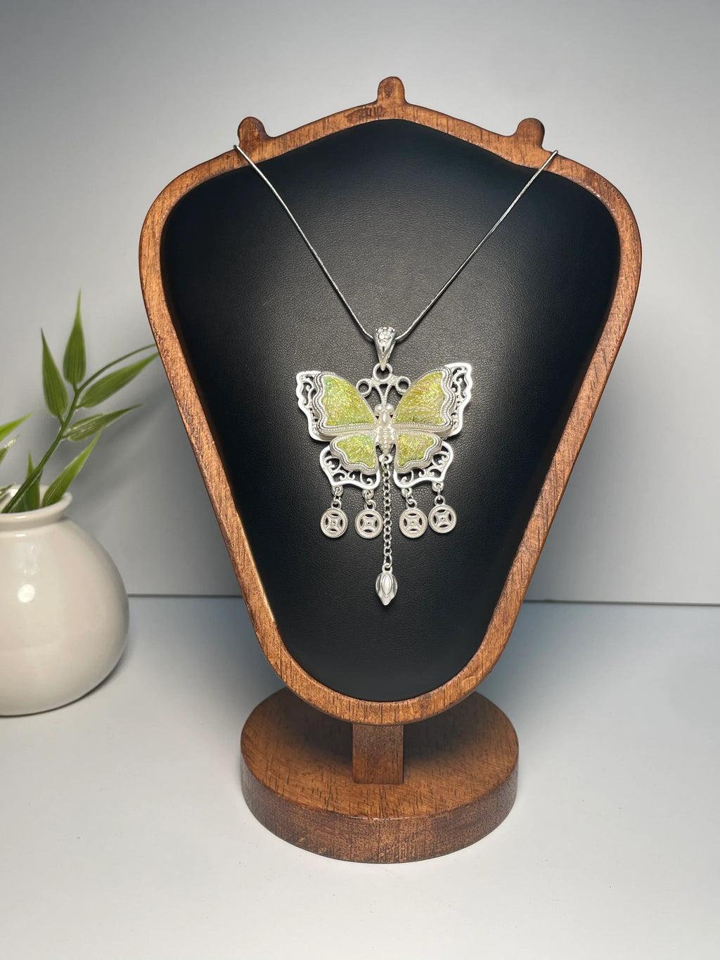 Miao Silver Plated Butterfly Coin Tassel Pendant Necklace Green-Luma Vale
