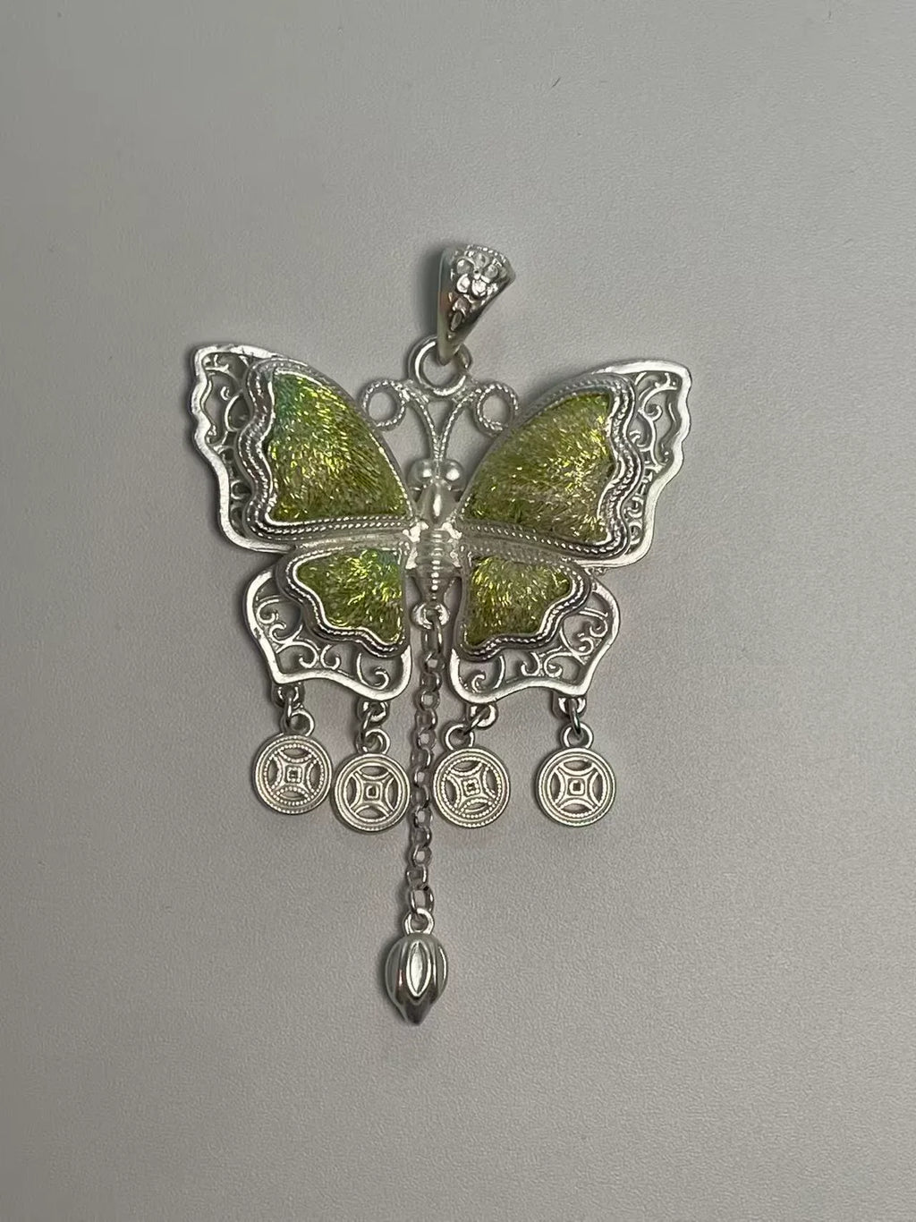 Miao Silver Plated Butterfly Coin Tassel Pendant Necklace Green-Luma Vale