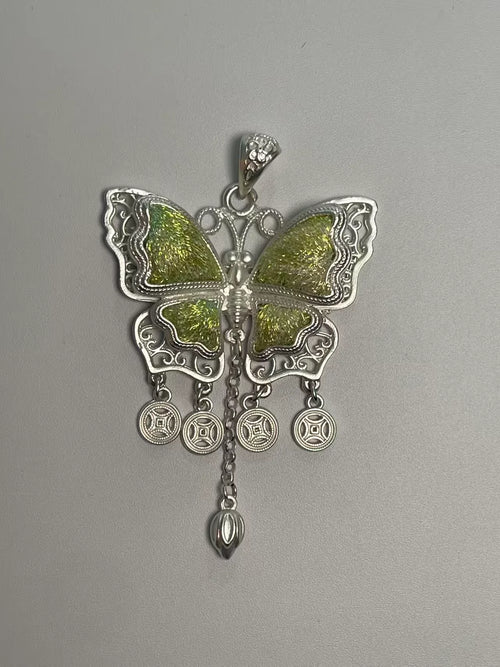 Miao Silver Plated Butterfly Coin Tassel Pendant Necklace Green-Luma Vale