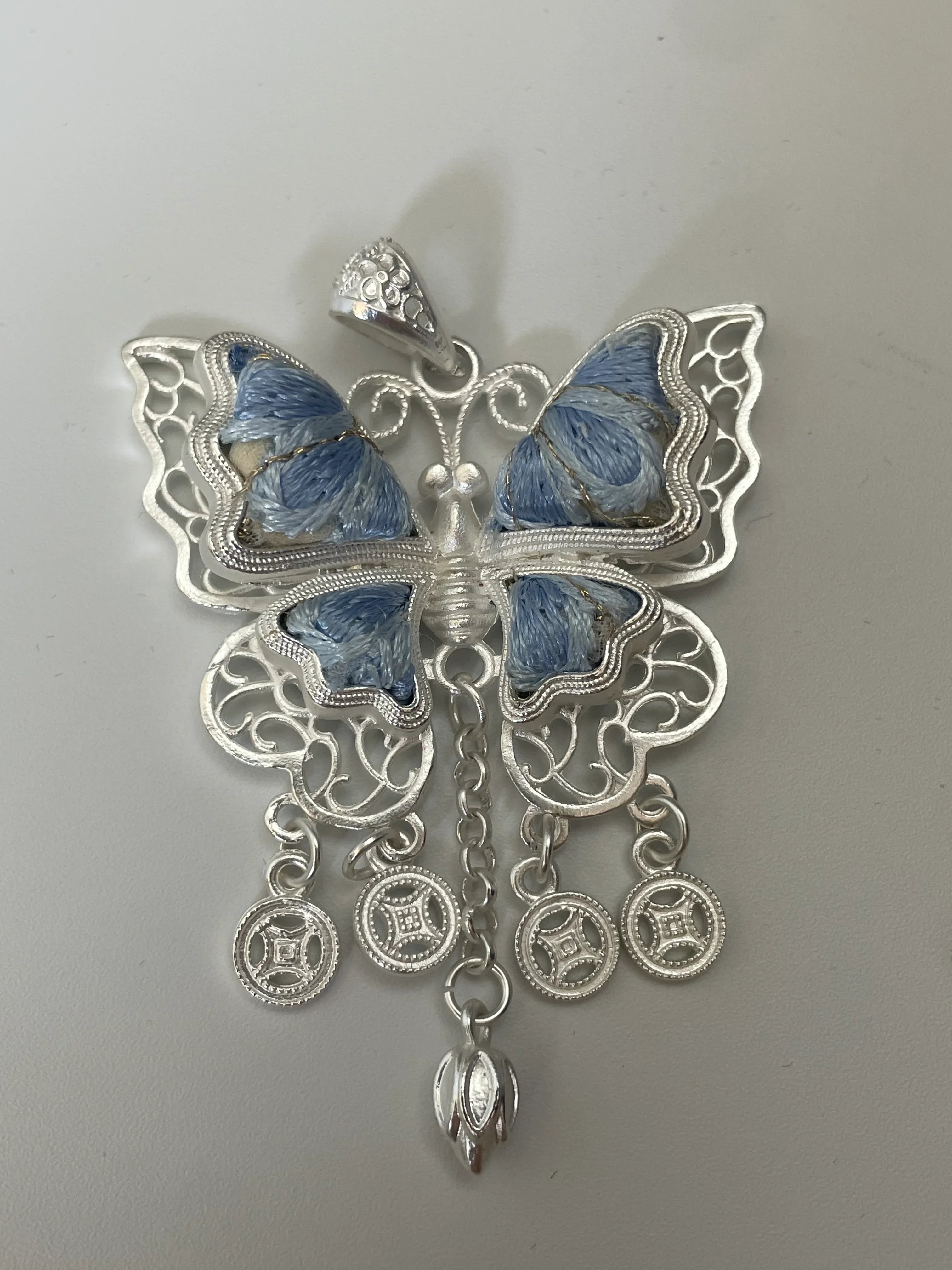 Miao Silver Plated Filigree Butterfly Pendant Necklace Blue-Luma Vale