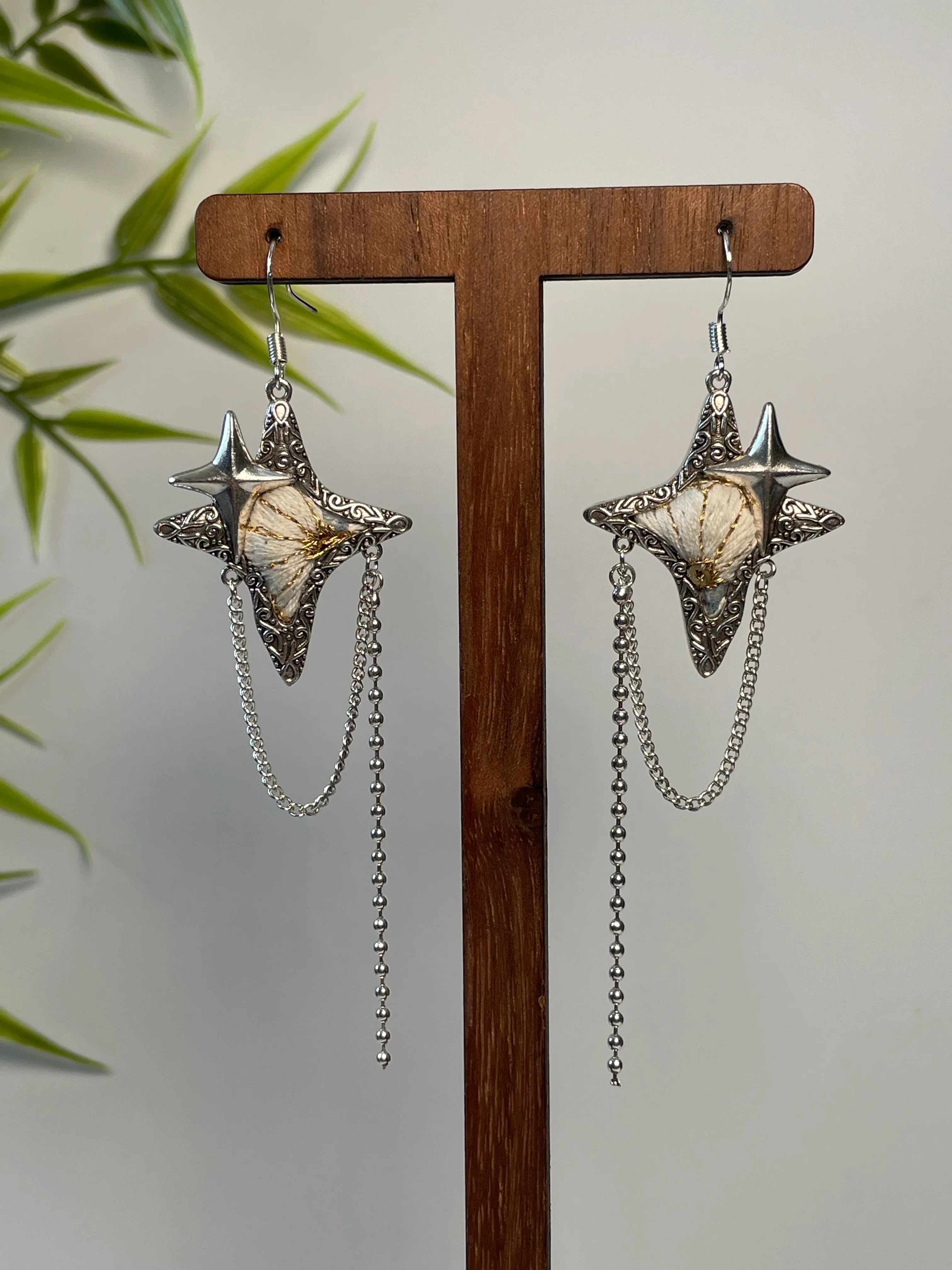 Miao Silver Plated Star Flower Chain Drop Earrings Silver