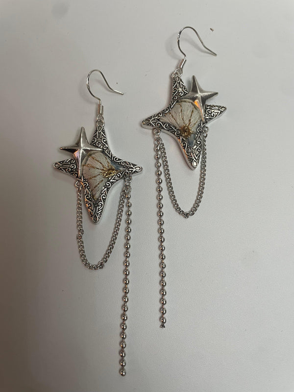 Miao Silver Plated Star Flower Chain Drop Earrings Silver
