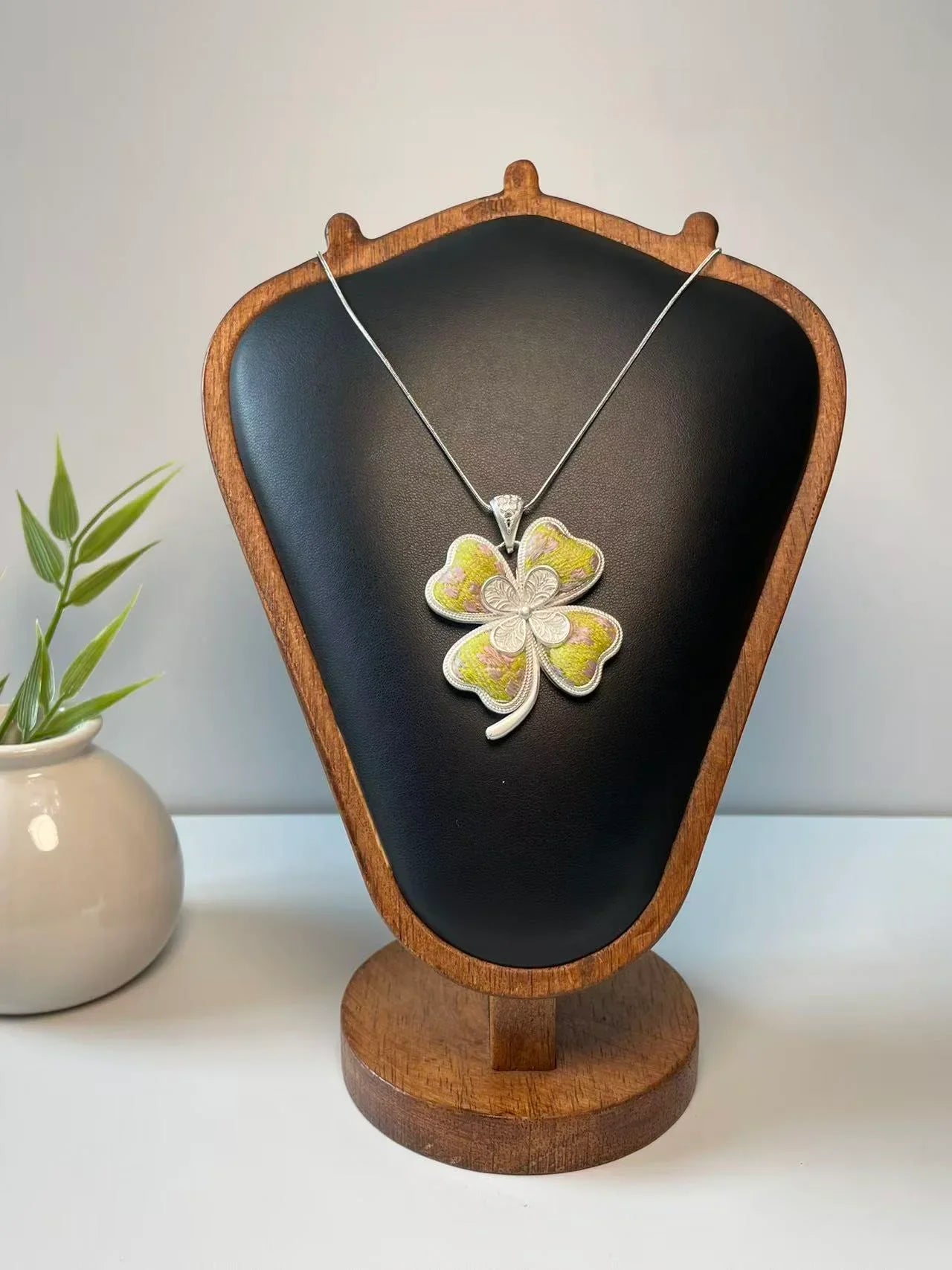 Miao Silver Plated Four Leaf Clover Pendant Necklace Green-Luma Vale