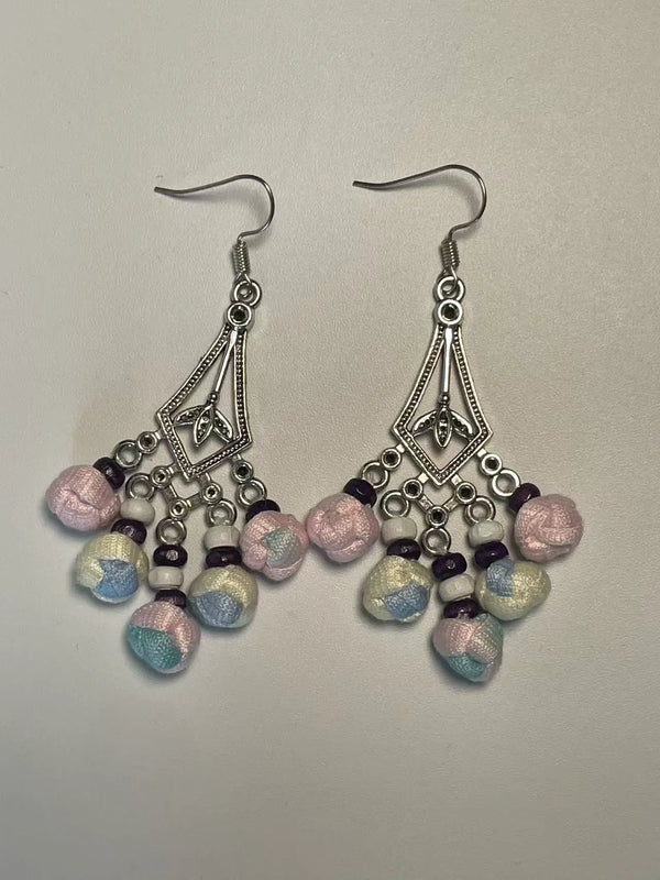Miao Silver Plated Pastel Beaded Chandelier Earrings Pink Blue