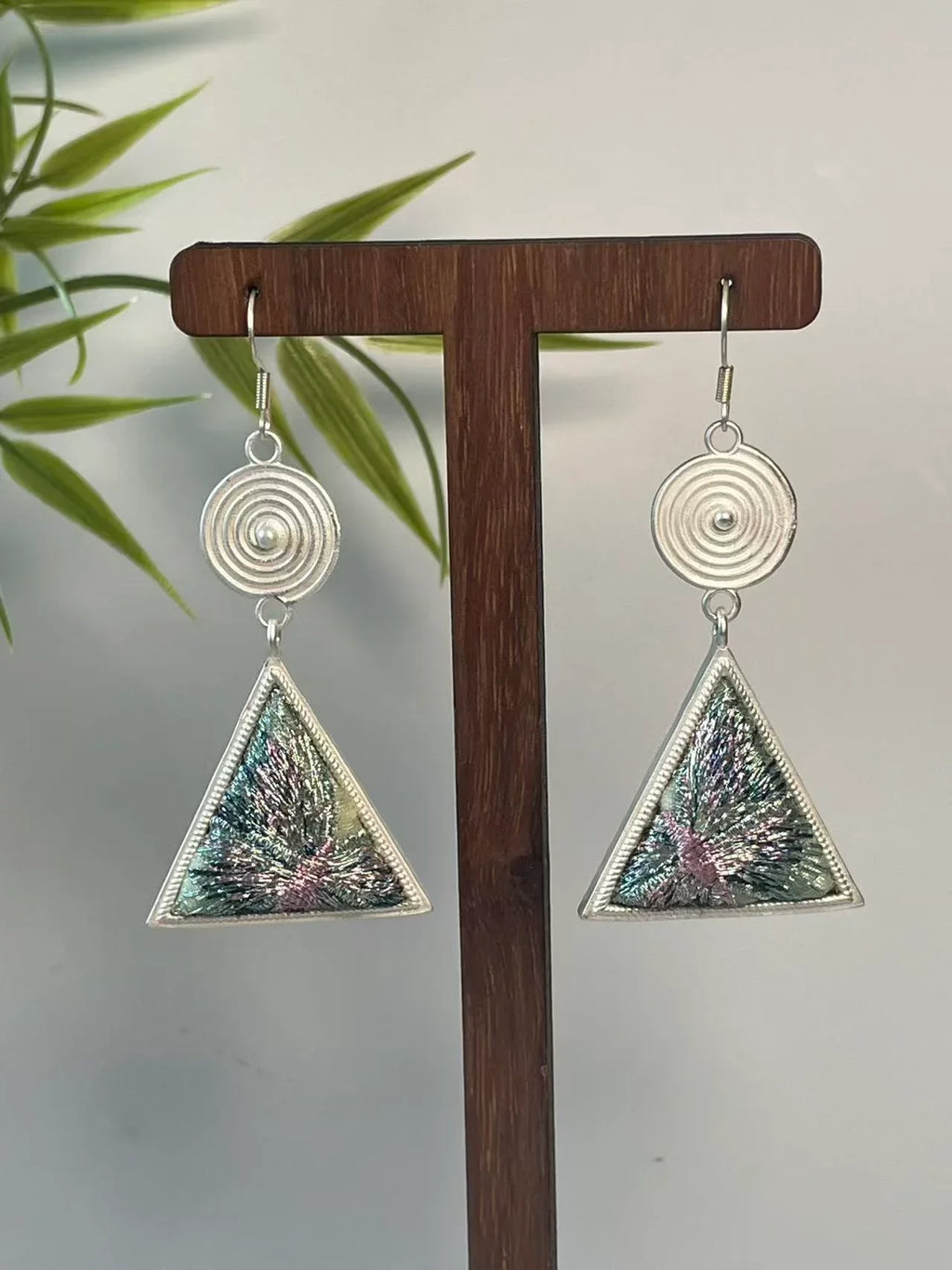 Miao Silver Plated Spiral Disc Embroidered Triangle Drop Earrings Multicolor-Luma Vale