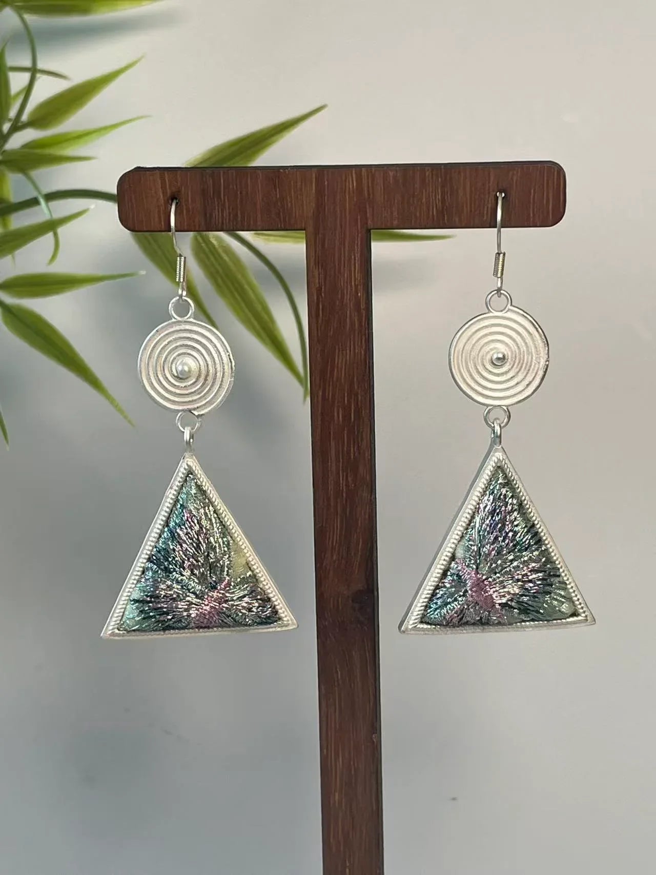 Miao Silver Plated Spiral Disc Embroidered Triangle Drop Earrings Multicolor