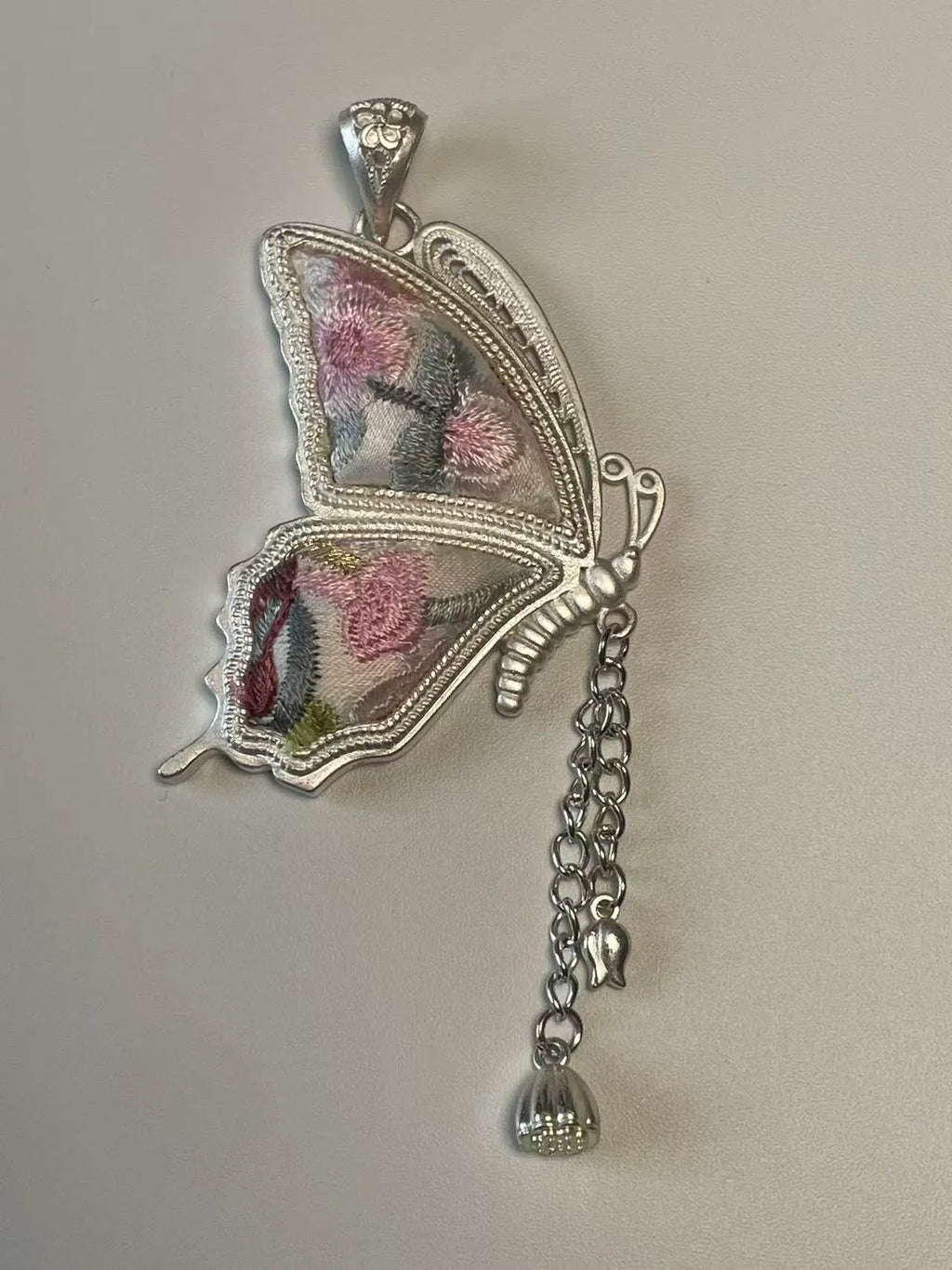 Miao Silver Plated Butterfly Chain Drop Pendant Necklace Pink