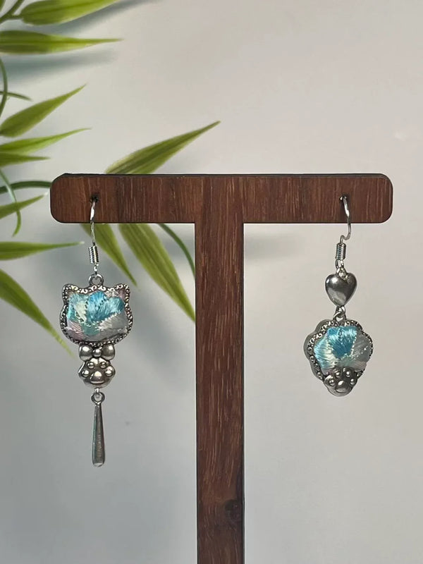Miao Silver Plated Mismatched Cat Heart Drop Earrings Blue