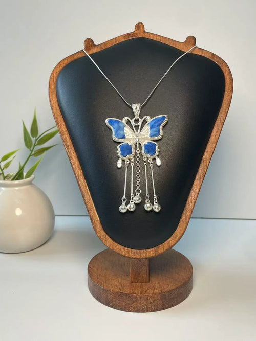 Miao Silver Plated Butterfly Bell Drop Pendant Necklace Blue