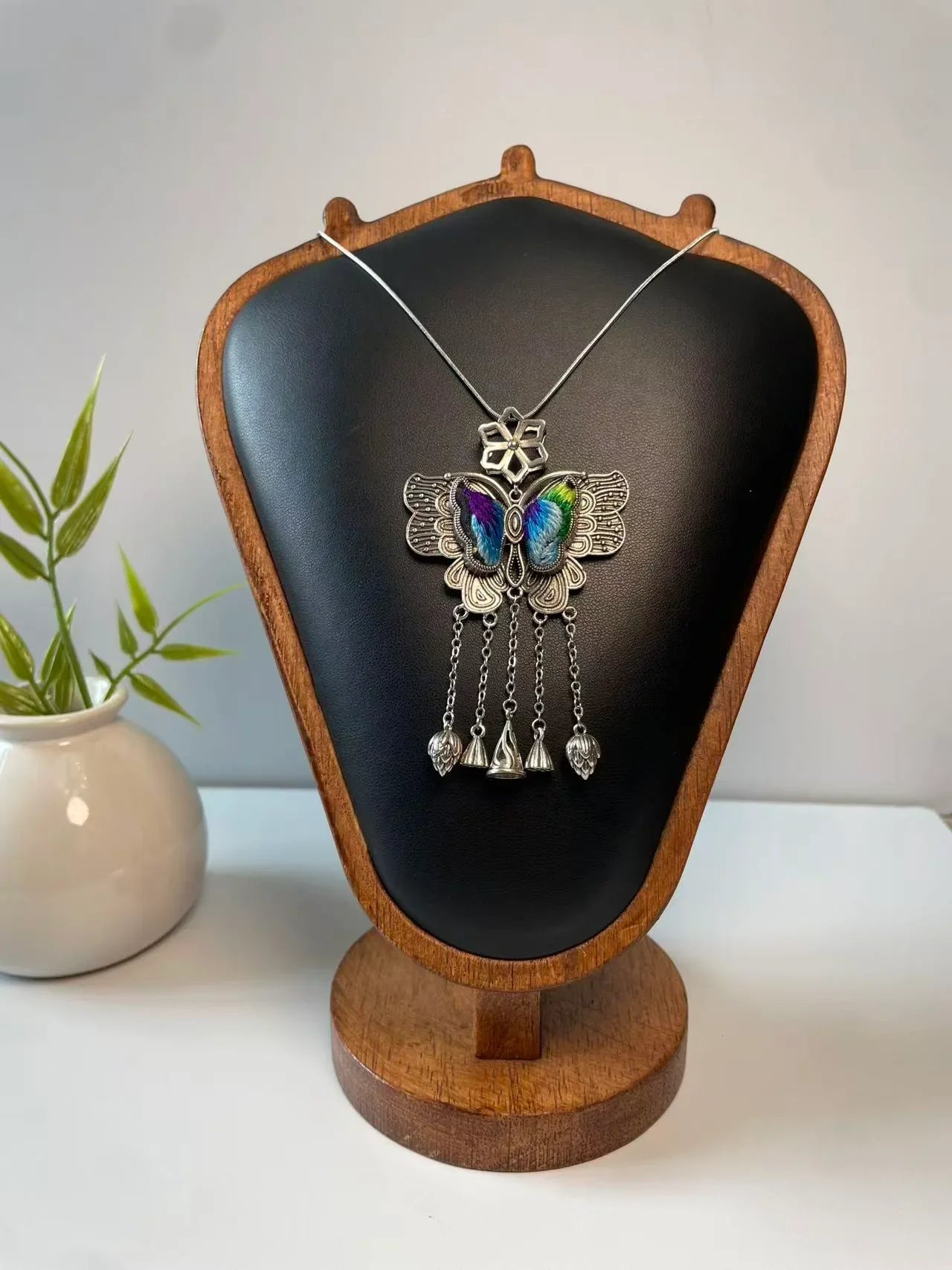 Miao Silver Plated Butterfly Tassel Pendant Necklace Multicolor-Luma Vale