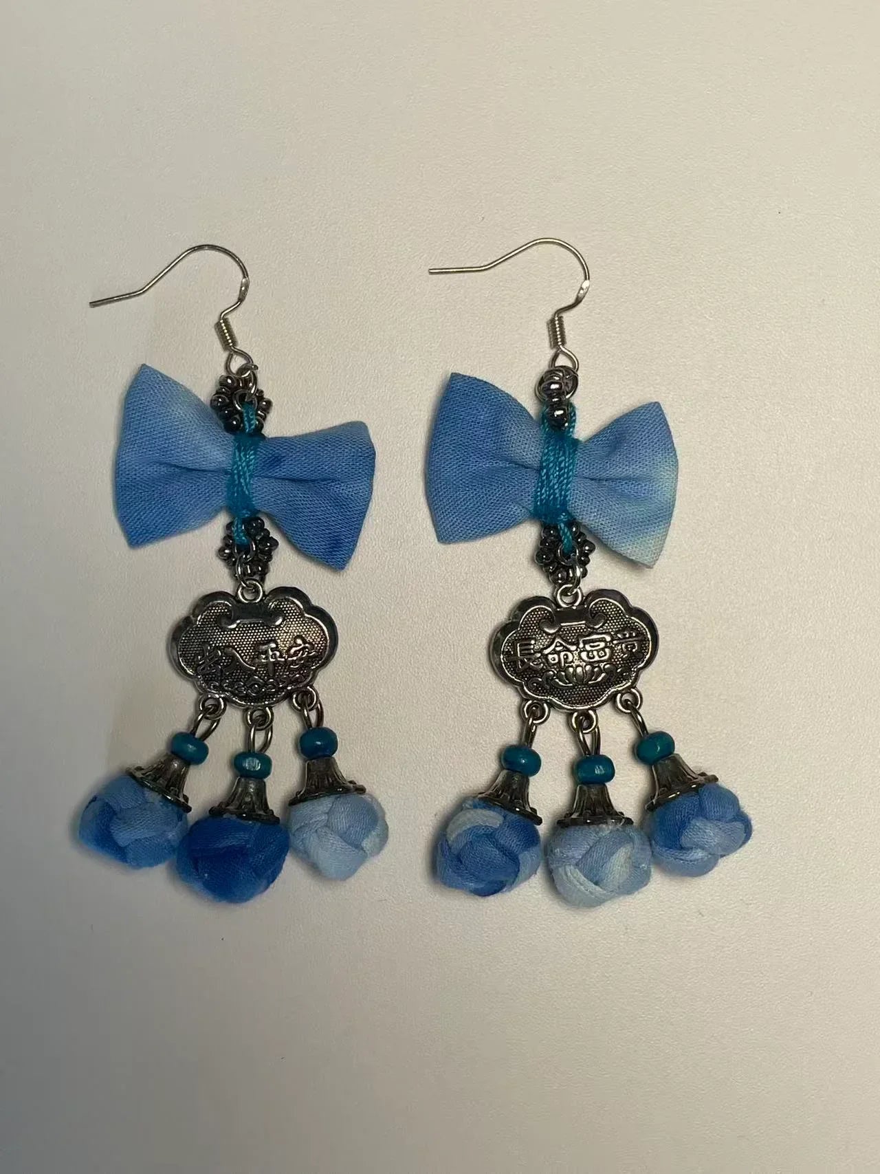 Miao Silver Plated Blue Bow Floral Tassel Drop Earrings Blue
