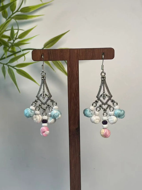 Miao Silver Plated Pastel Beaded Chandelier Earrings Blue Pink