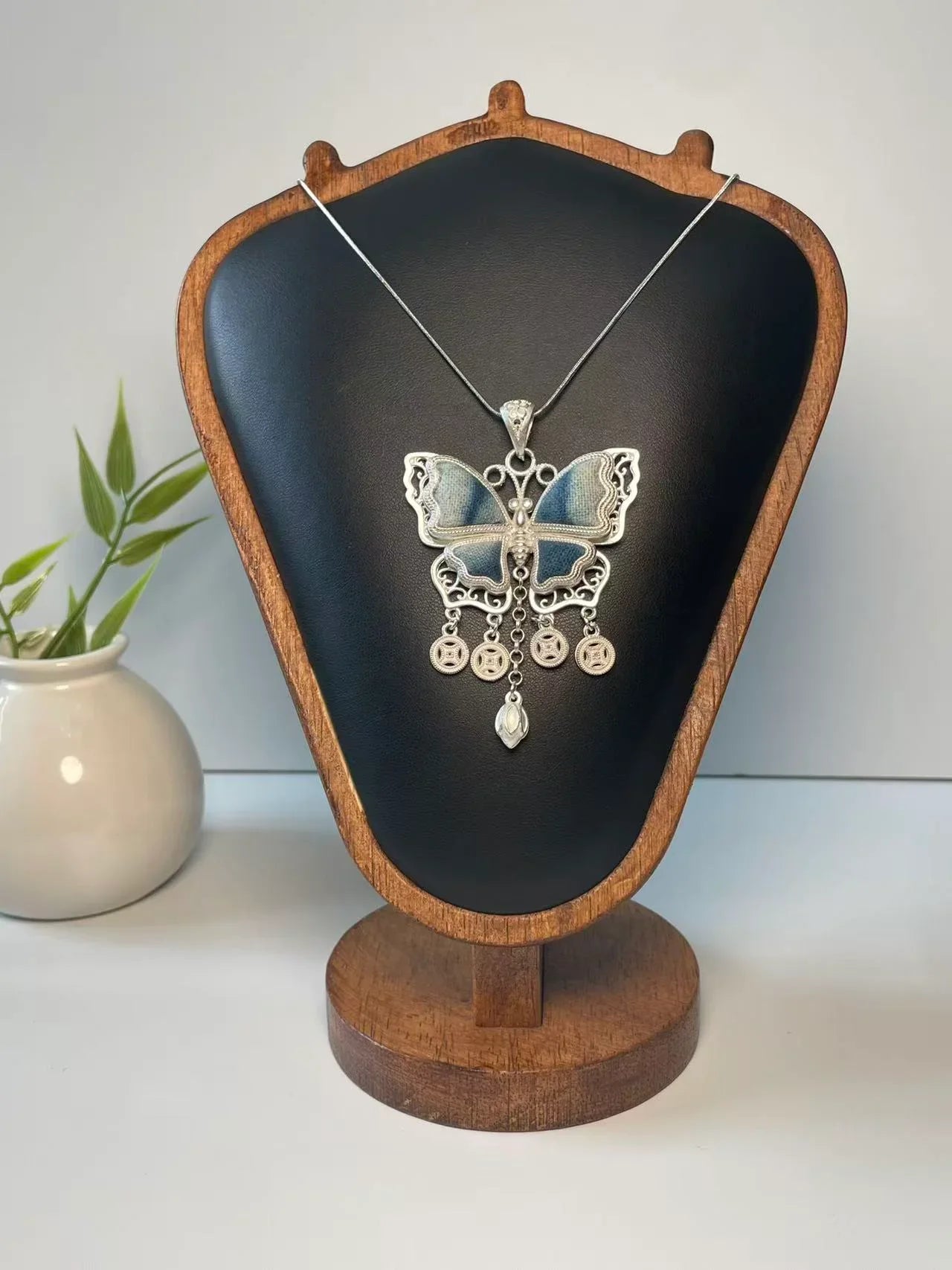 Miao Silver Plated Butterfly Tassel Pendant Necklace Blue-Luma Vale