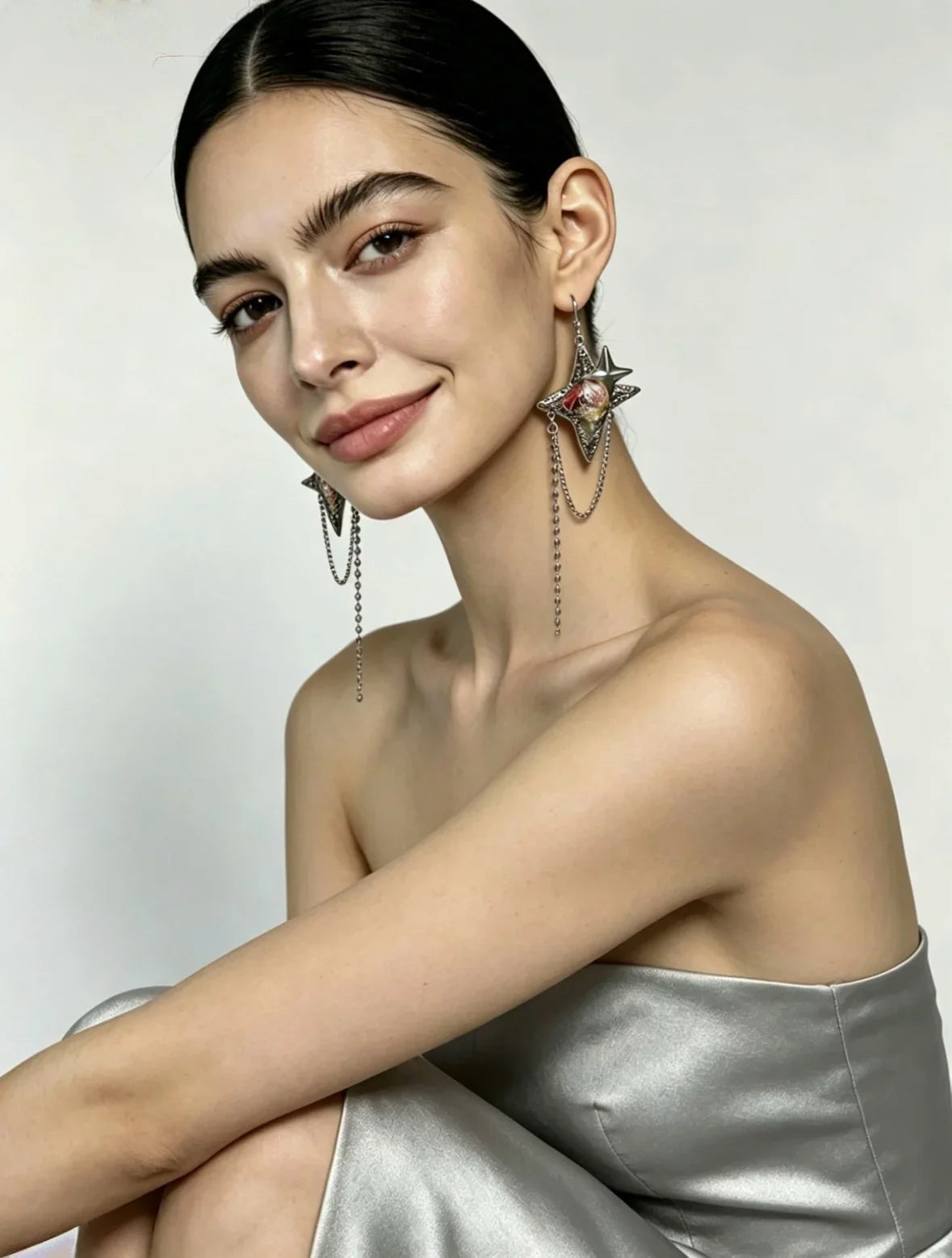 Miao Silver Plated Star Chain Drop Earrings Red-Luma Vale