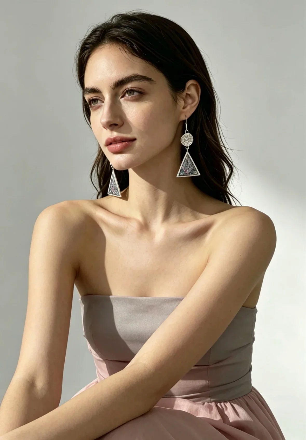 Miao Silver Plated Spiral Disc Embroidered Triangle Drop Earrings Multicolor