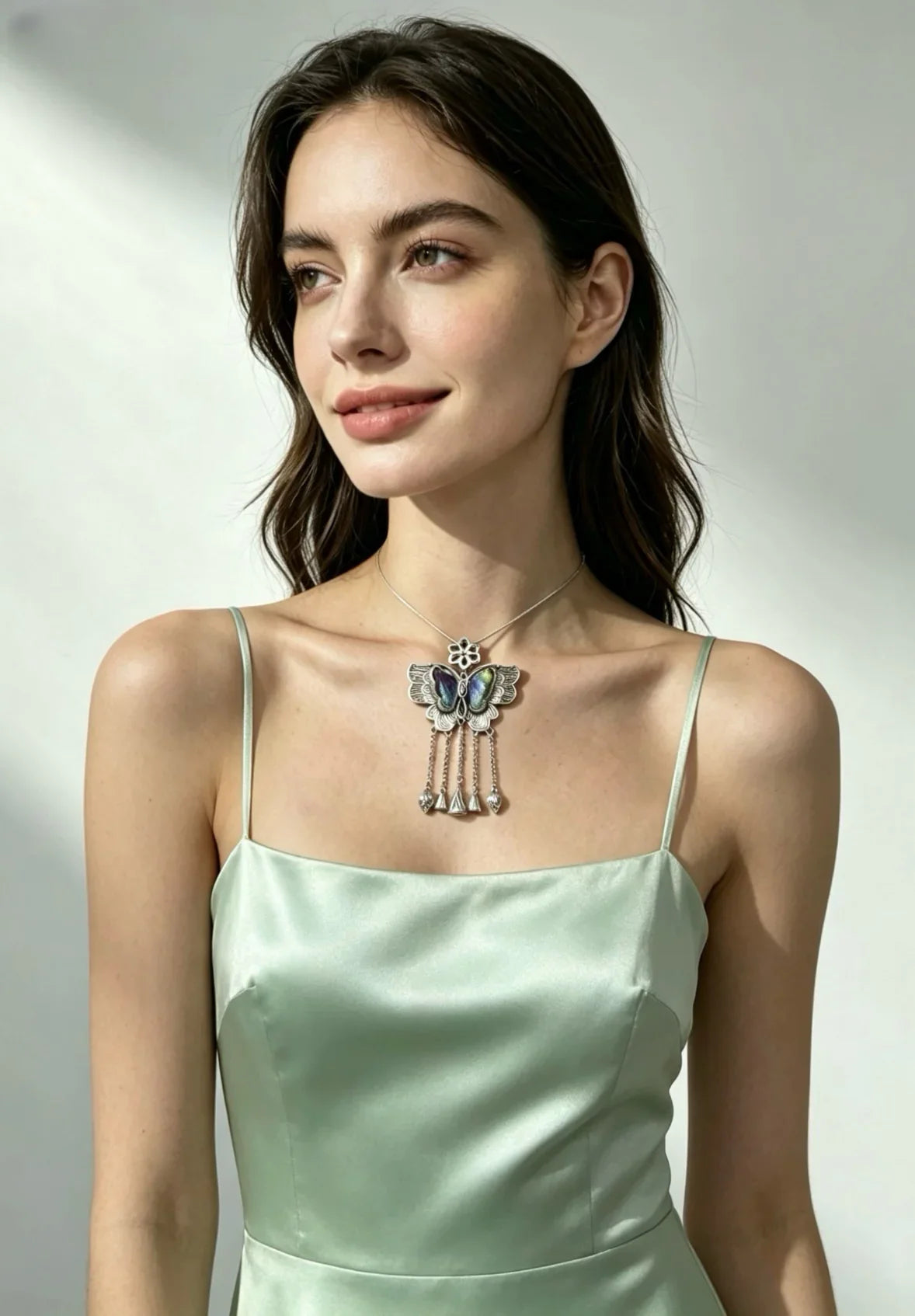 Miao Silver Plated Butterfly Tassel Pendant Necklace Multicolor-Luma Vale