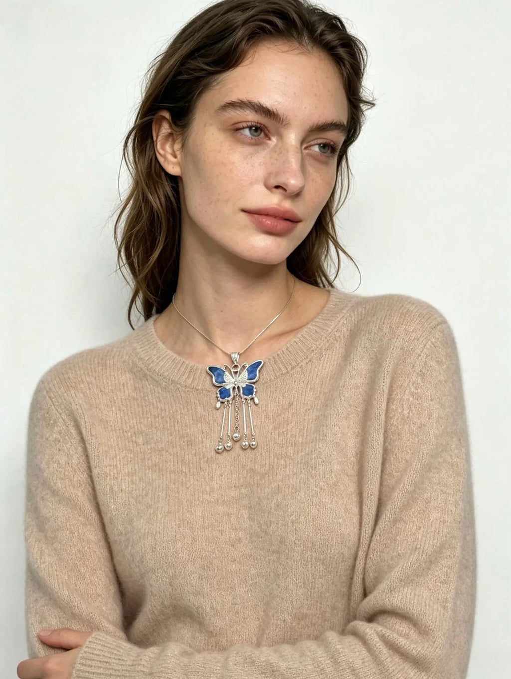 Miao Silver Plated Butterfly Bell Drop Pendant Necklace Blue-Luma Vale