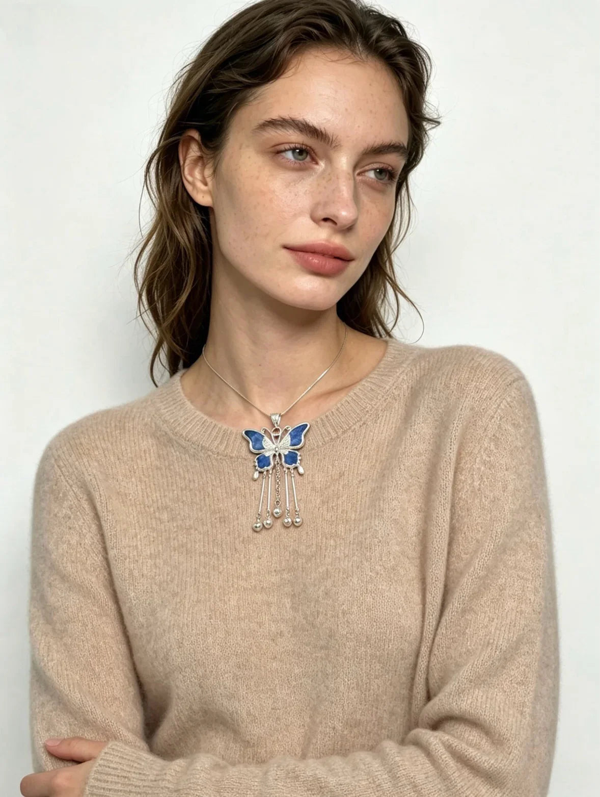 Miao Silver Plated Butterfly Bell Drop Pendant Necklace Blue