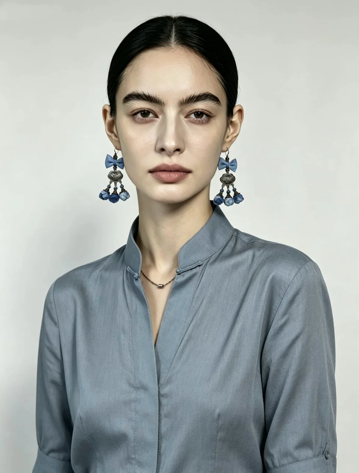 Miao Silver Plated Blue Bow Floral Tassel Drop Earrings Blue