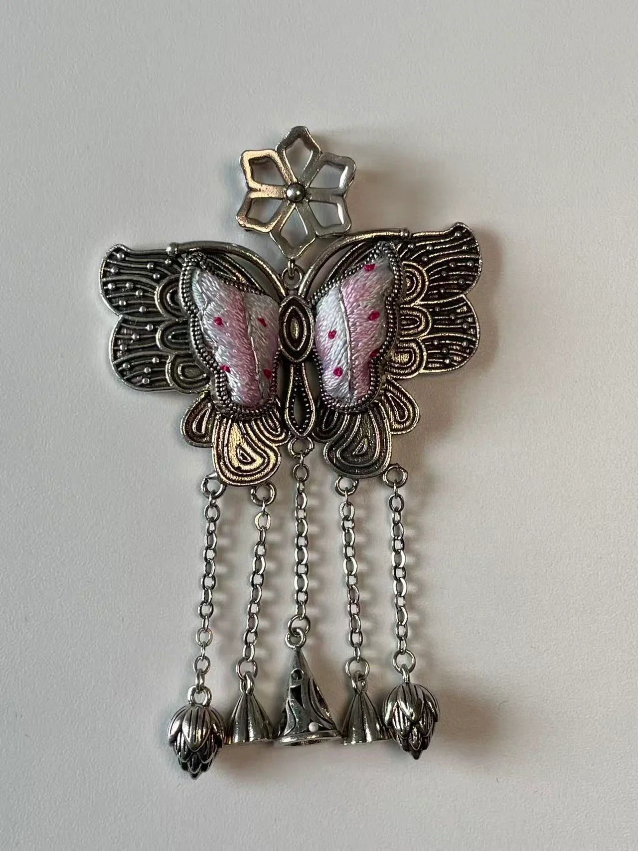 Miao Silver Plated Butterfly Tassel Pendant Necklace Pink