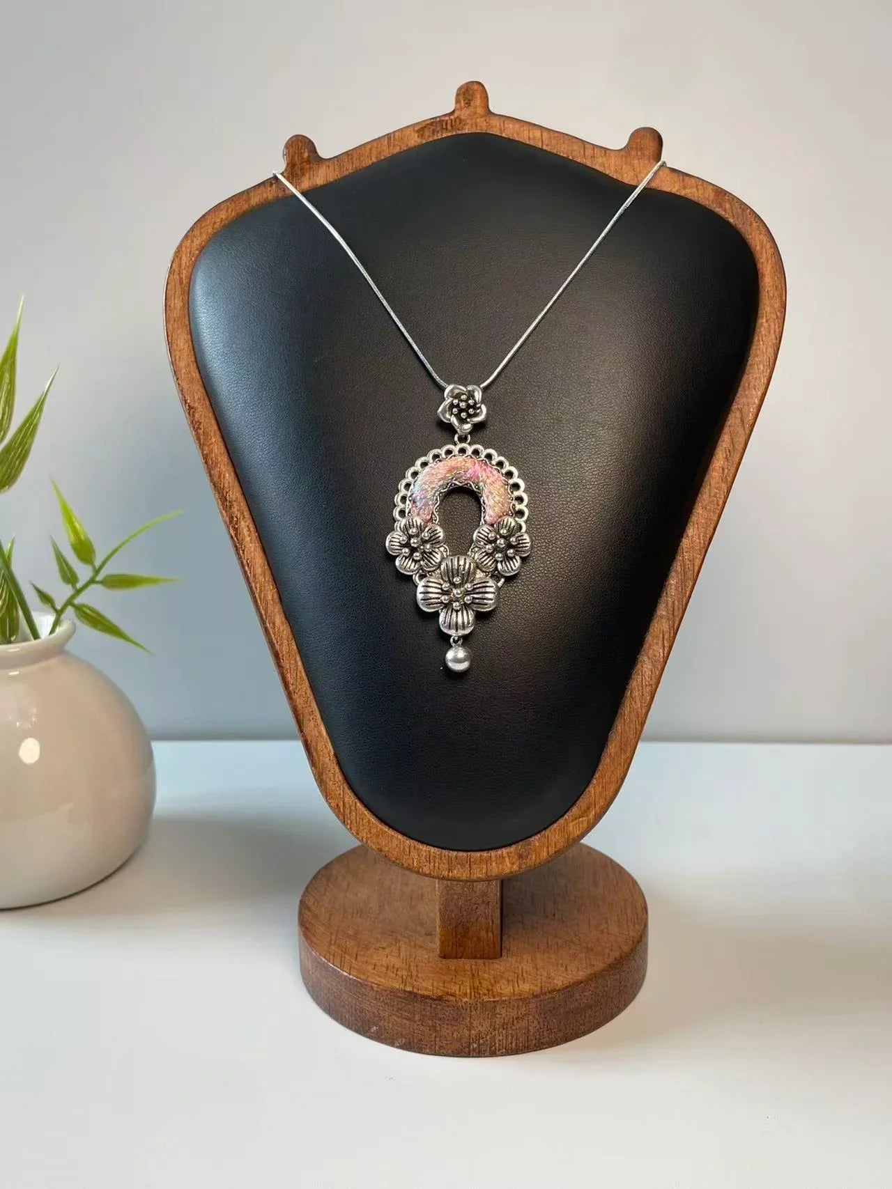 Miao Silver Plated Floral Open Teardrop Pendant Necklace Pink-Luma Vale