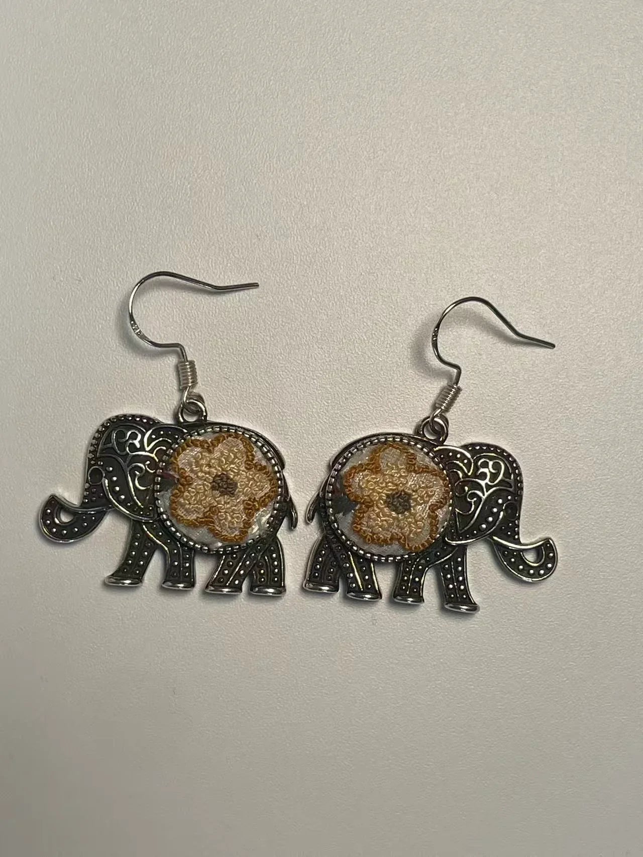 Miao Silver Plated Elephant Flower Drop Earrings Gold