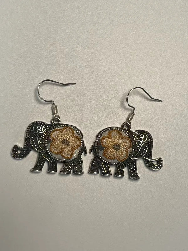 Miao Silver Plated Elephant Flower Drop Earrings Gold