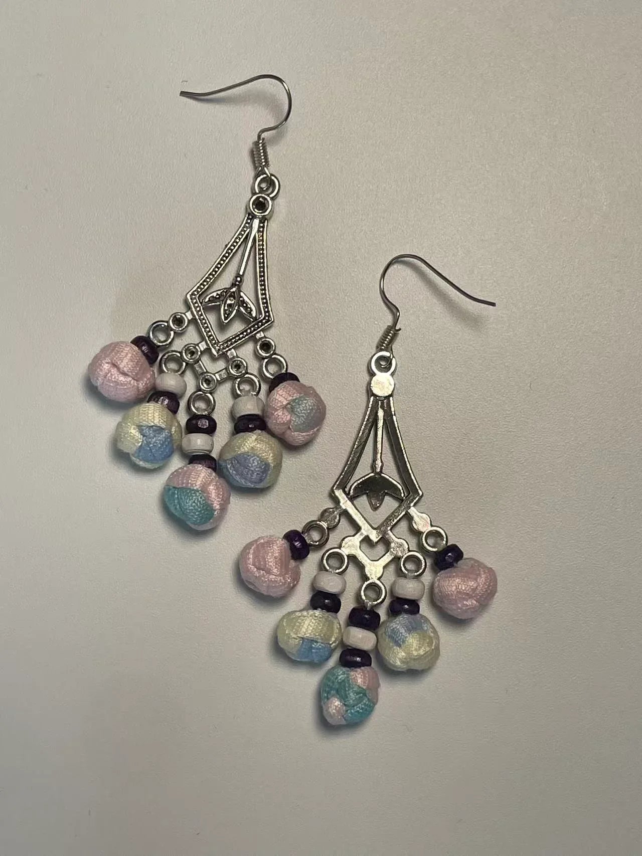 Miao Silver Plated Pastel Beaded Chandelier Earrings Pink Blue