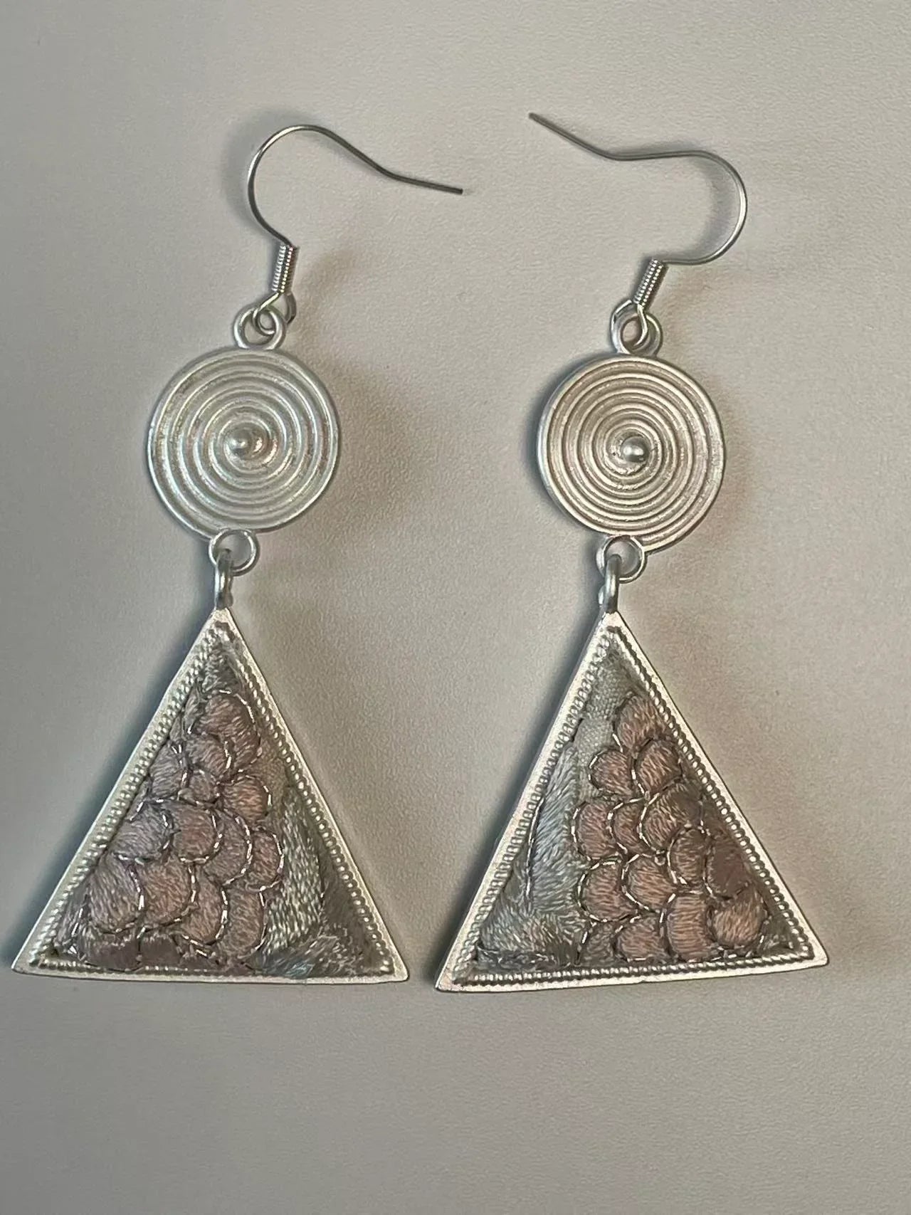 Miao Silver Plated Spiral Flower Triangle Drop Earrings Pink