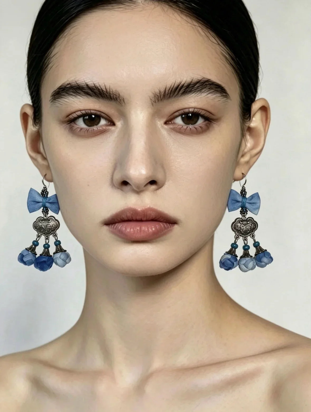 Miao Silver Plated Blue Bow Floral Tassel Drop Earrings Blue