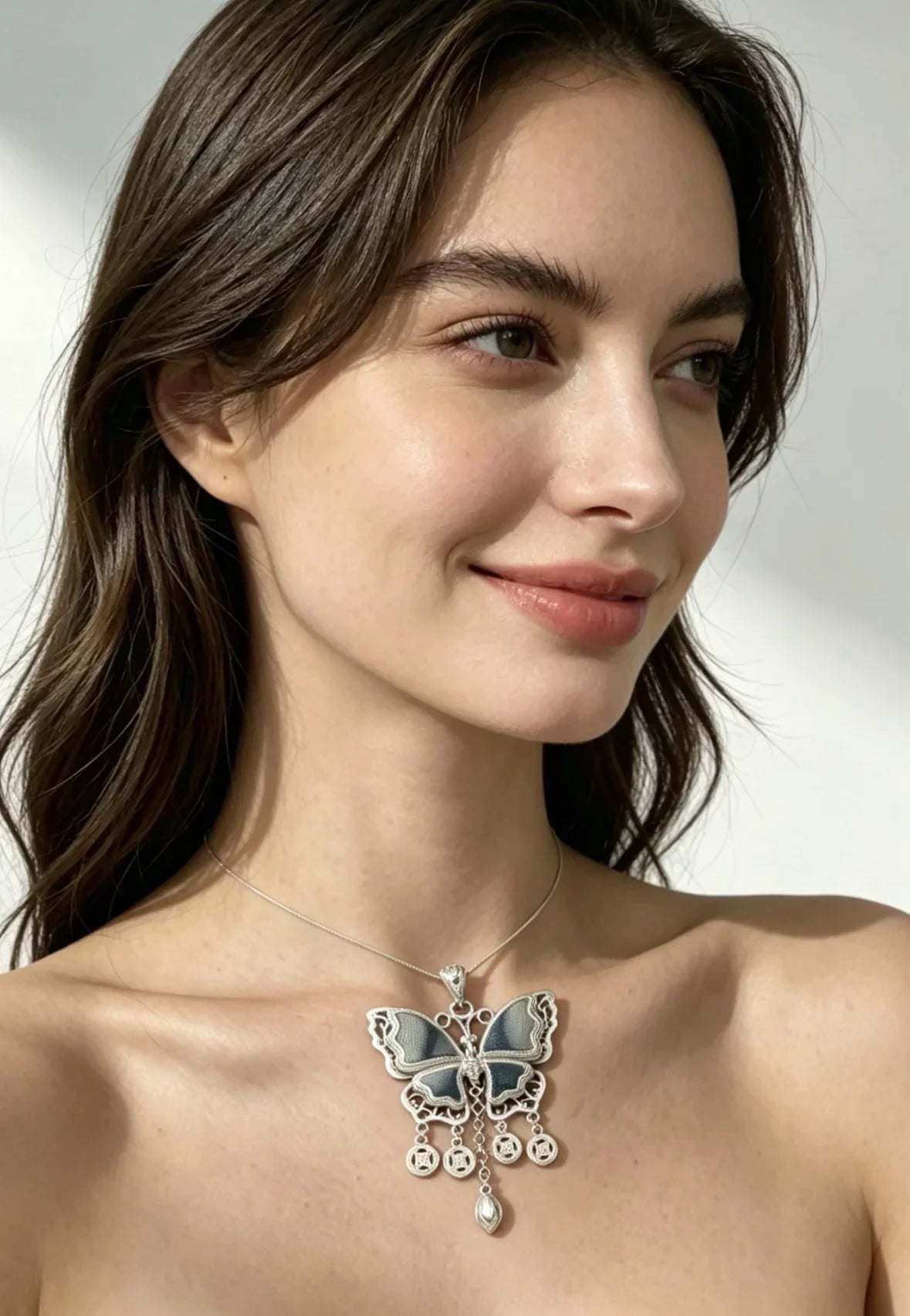 Miao Silver Plated Butterfly Tassel Pendant Necklace Blue-Luma Vale