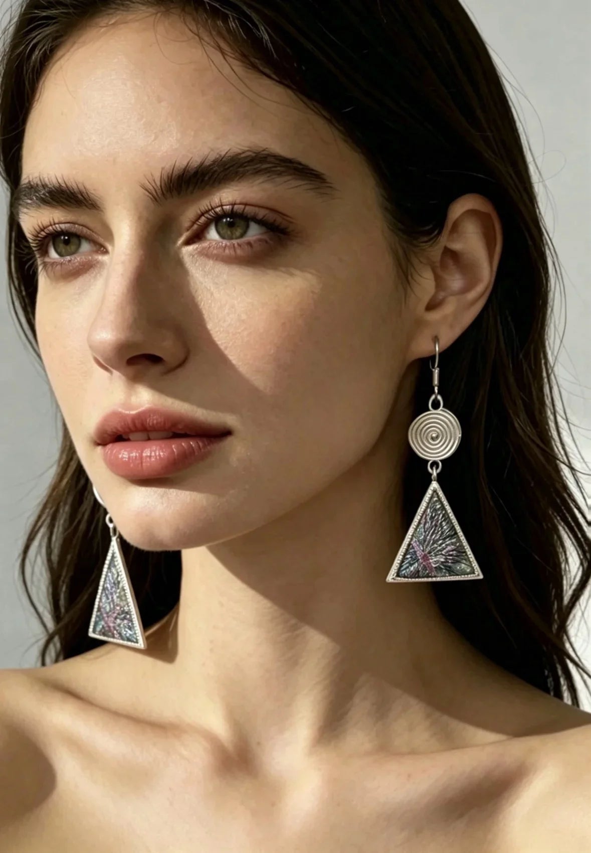 Miao Silver Plated Spiral Disc Embroidered Triangle Drop Earrings Multicolor