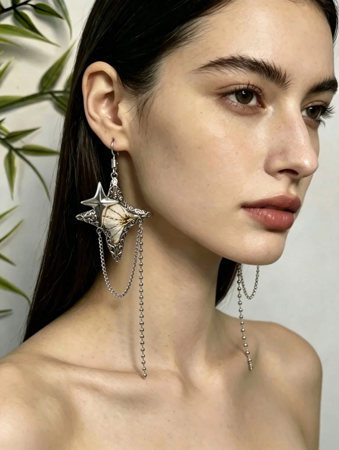 Miao Silver Plated Star Flower Chain Drop Earrings Silver