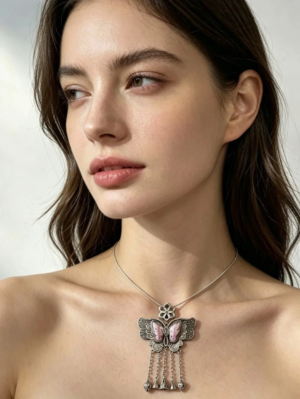 Miao Silver Plated Butterfly Tassel Pendant Necklace Pink