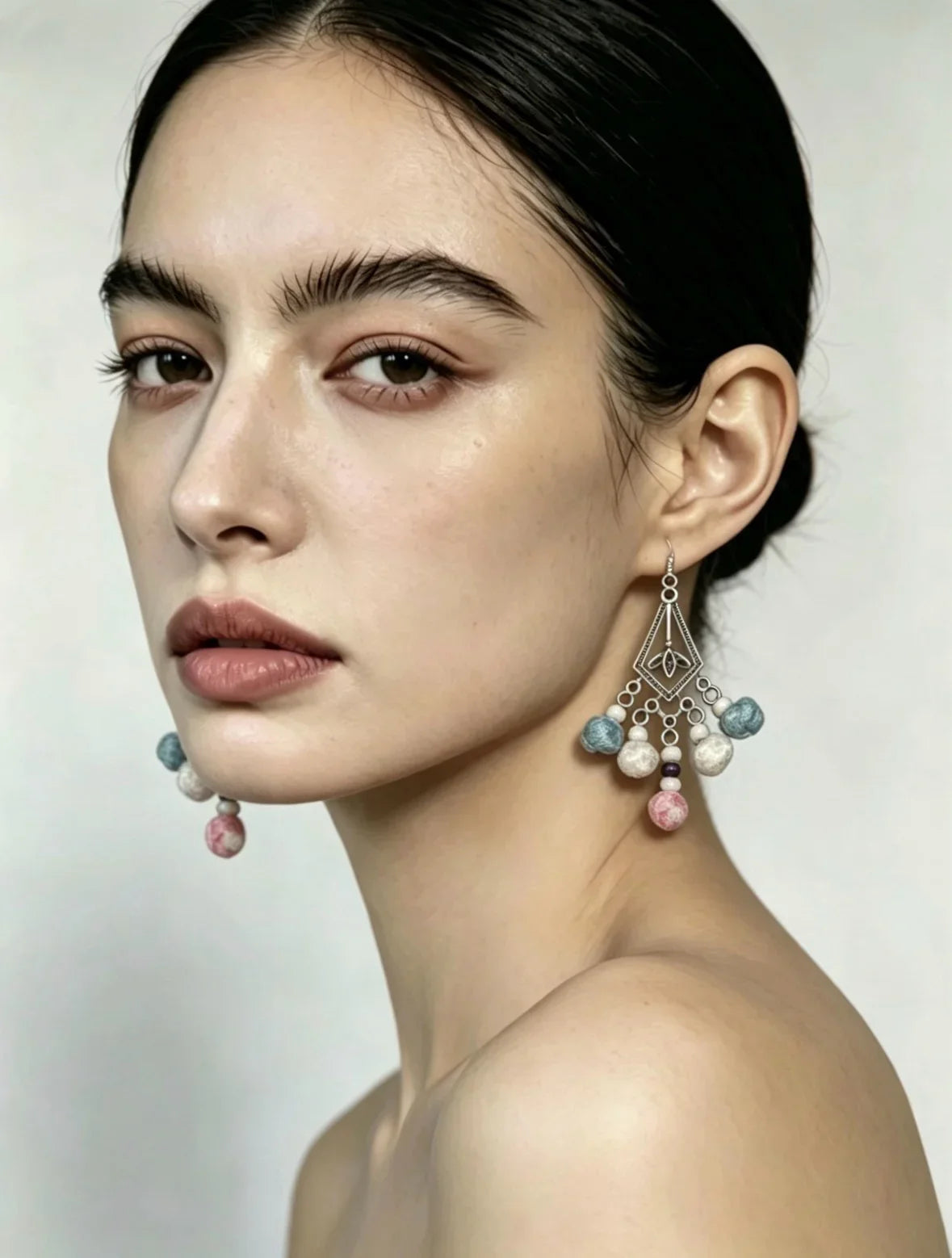 Miao Silver Plated Pastel Beaded Chandelier Earrings Blue Pink