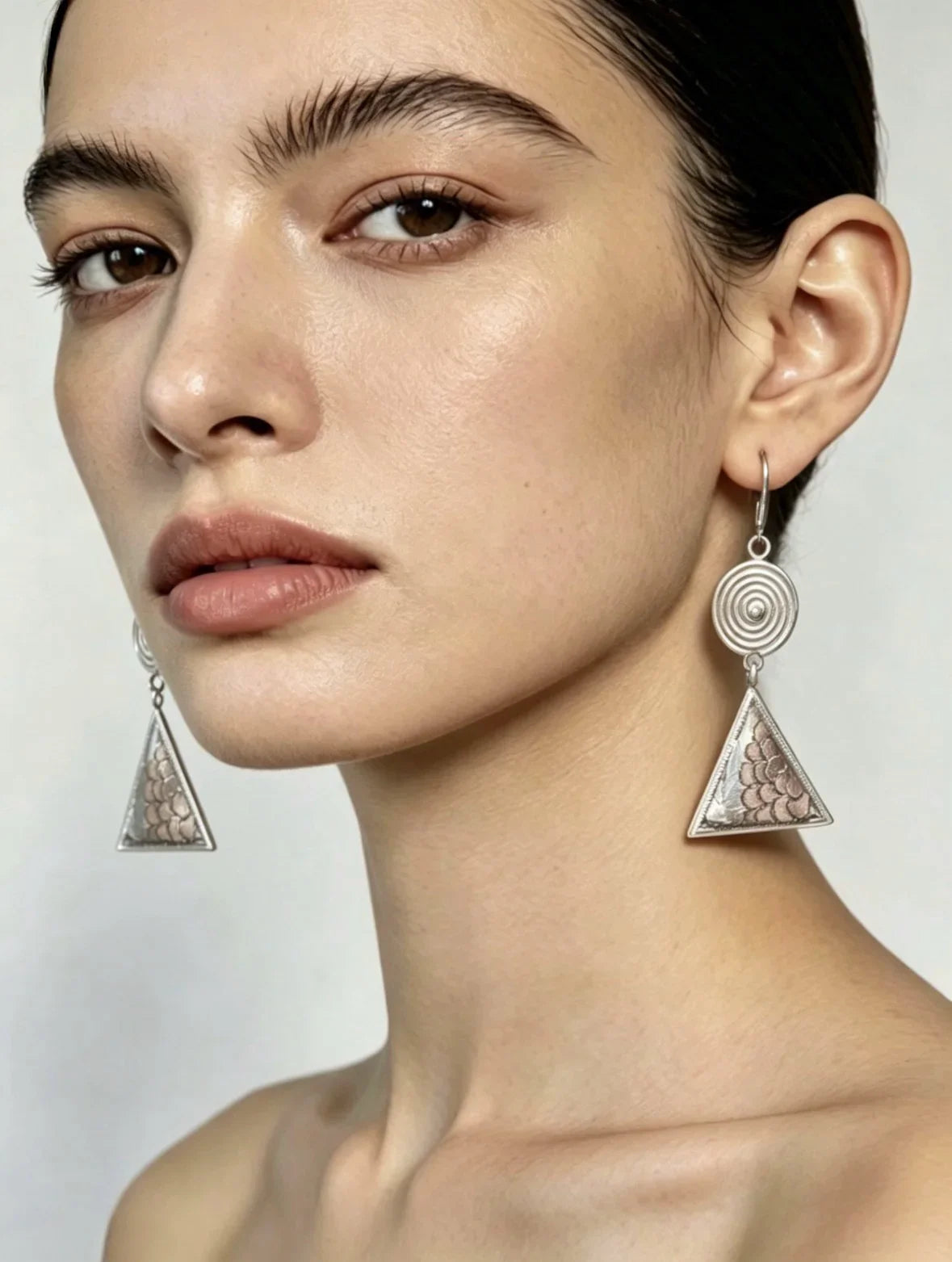 Miao Silver Plated Spiral Flower Triangle Drop Earrings Pink