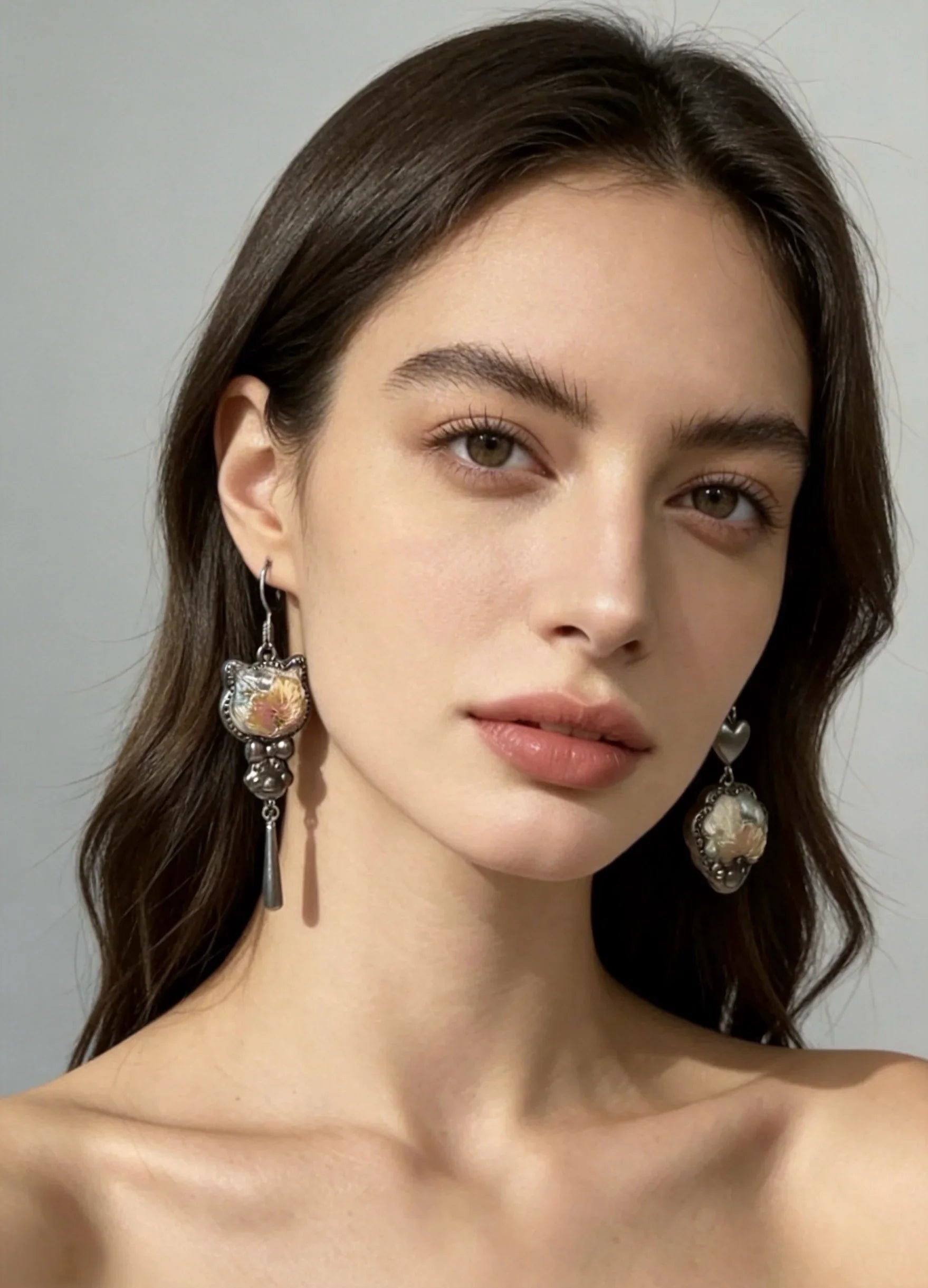 Miao Silver Plated Mismatched Cat Heart Drop Earrings Gold