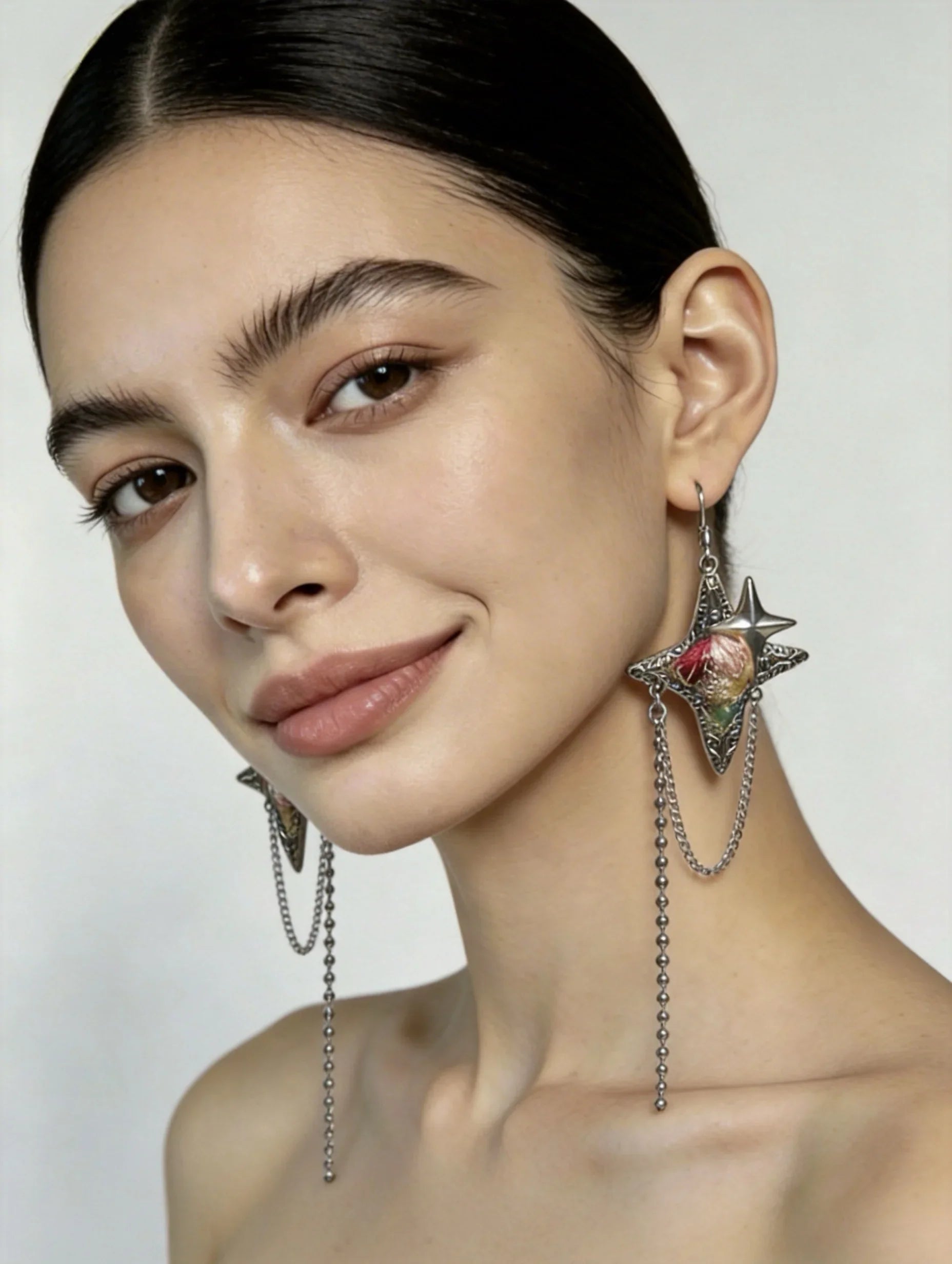 Miao Silver Plated Star Chain Drop Earrings Red