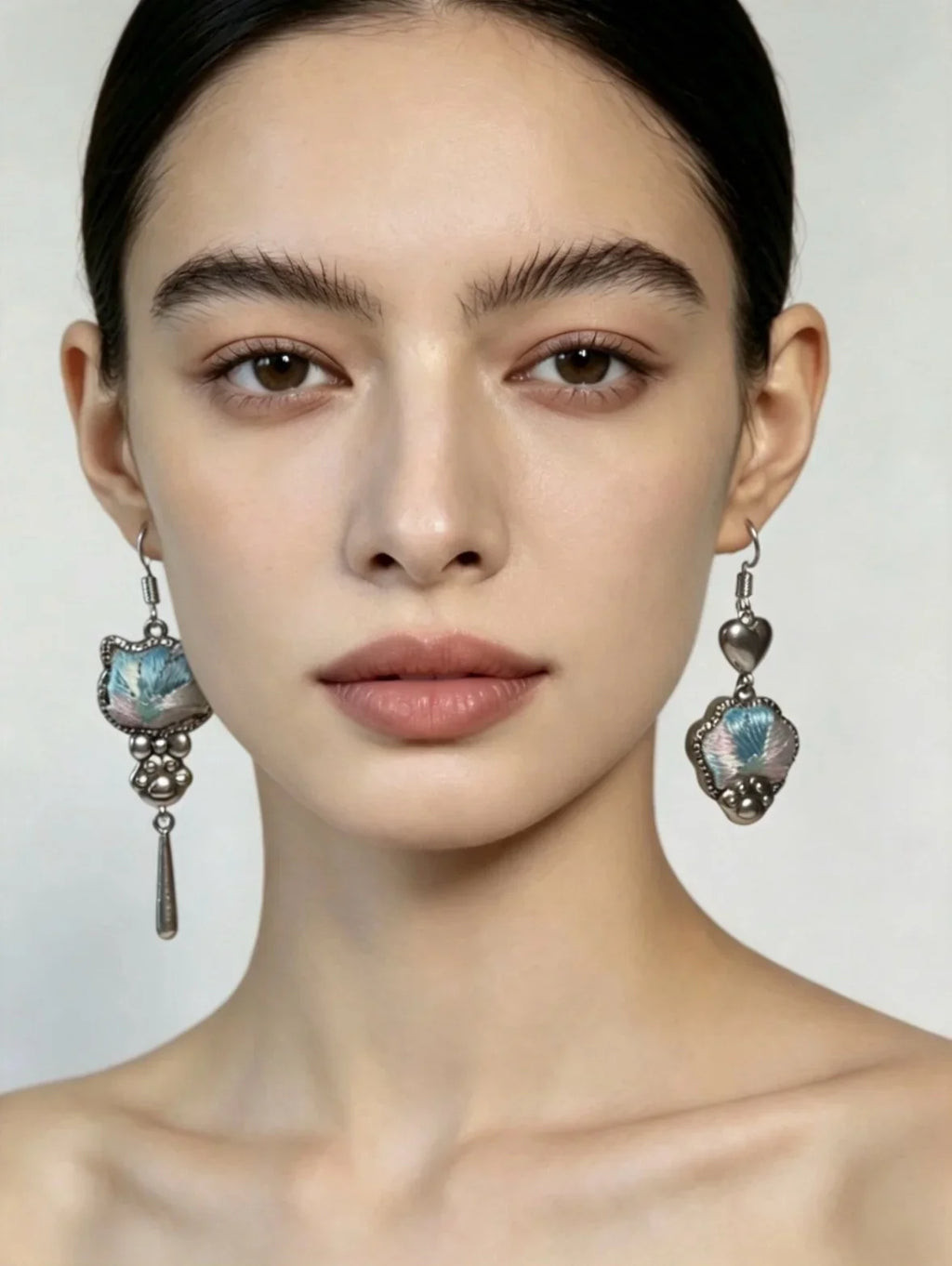 Miao Silver Plated Mismatched Cat Heart Drop Earrings Blue-Luma Vale