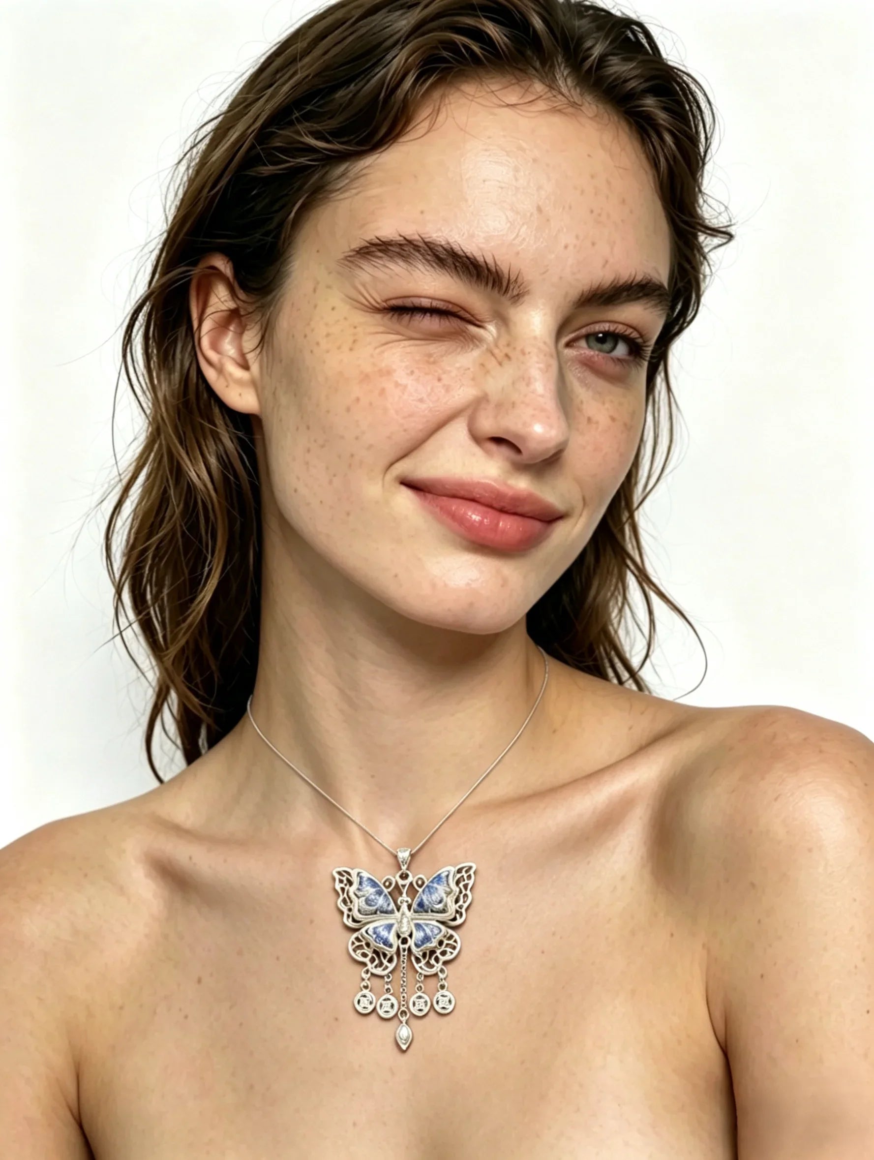 Miao Silver Plated Filigree Butterfly Pendant Necklace Blue-Luma Vale