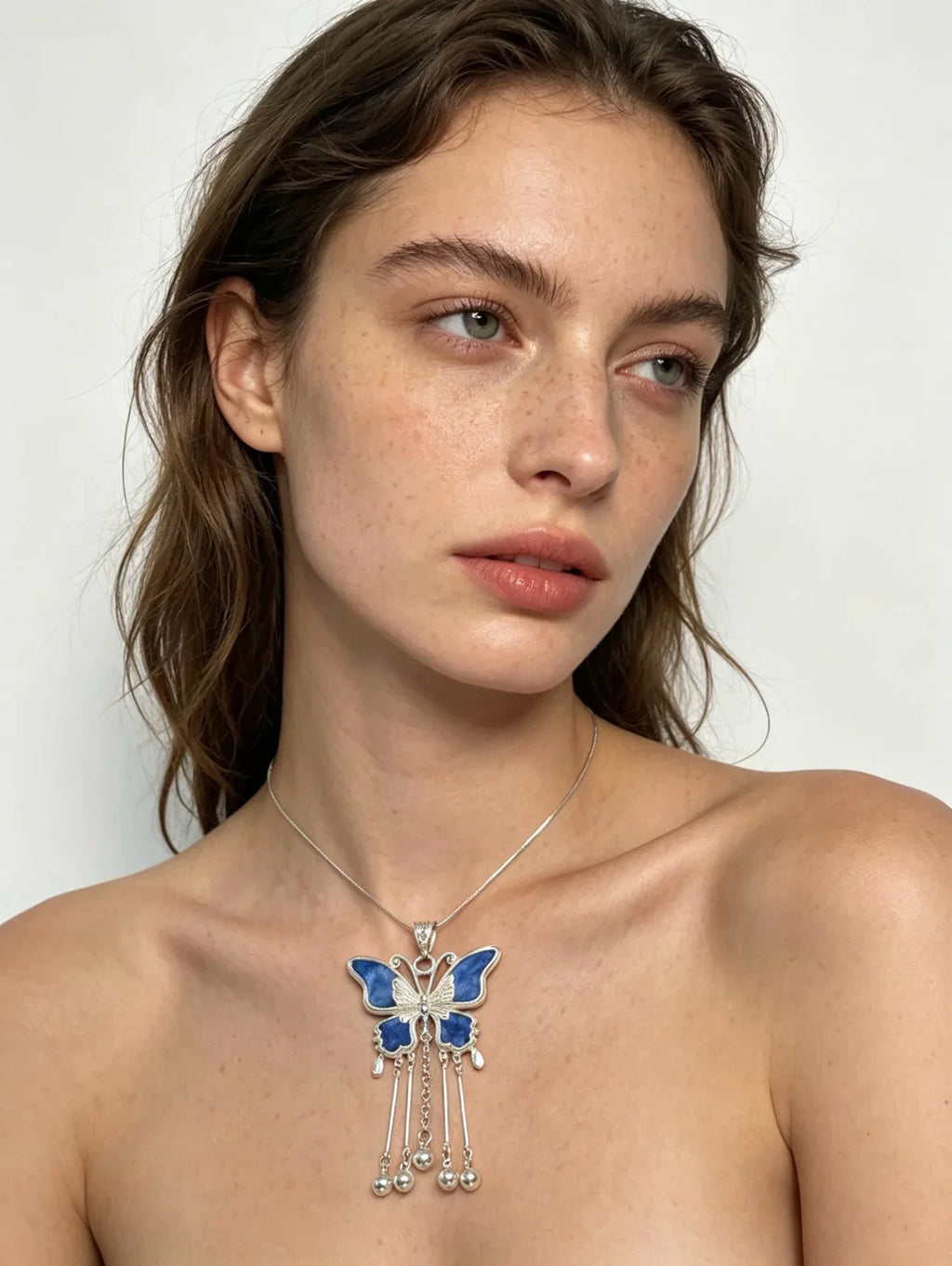 Miao Silver Plated Butterfly Bell Drop Pendant Necklace Blue-Luma Vale