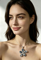 Miao Silver Plated Five Petal Flower Pendant Necklace Blue-Luma Vale