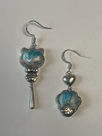 Miao Silver Plated Mismatched Cat Heart Drop Earrings Blue-Luma Vale