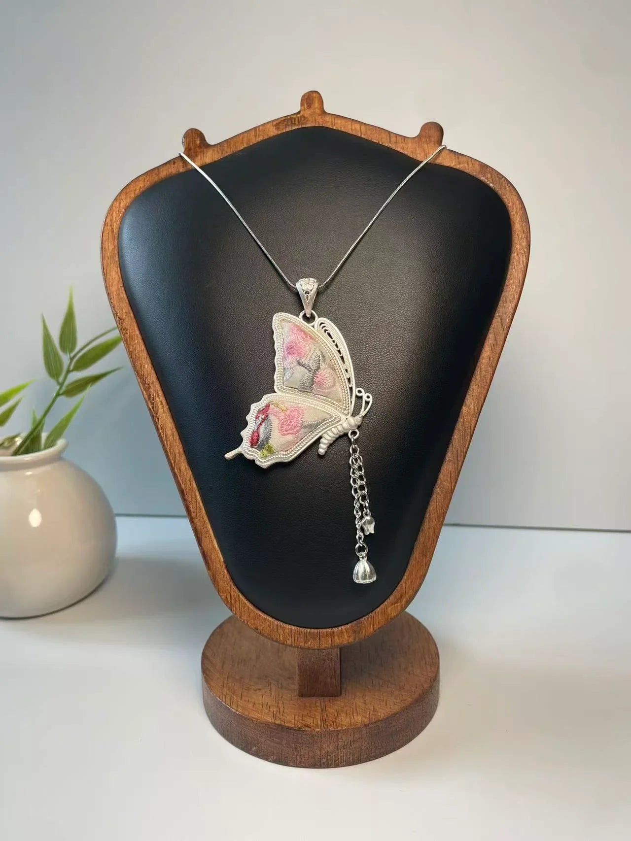 Miao Silver Plated Butterfly Chain Drop Pendant Necklace Pink
