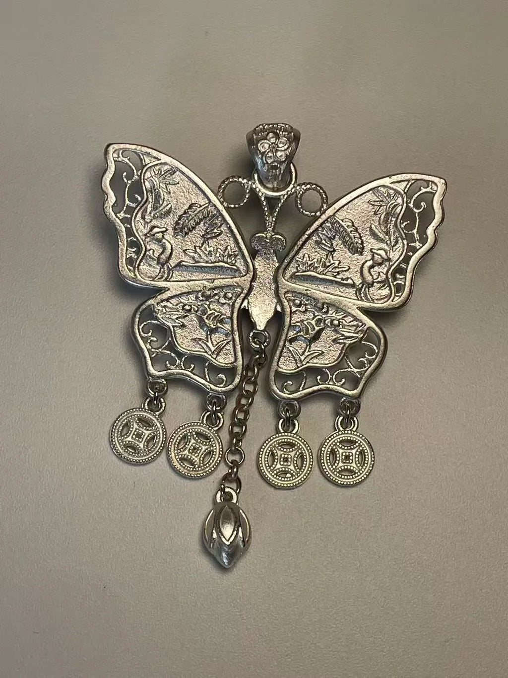 Miao Silver Plated Butterfly Tassel Pendant Necklace Blue-Luma Vale