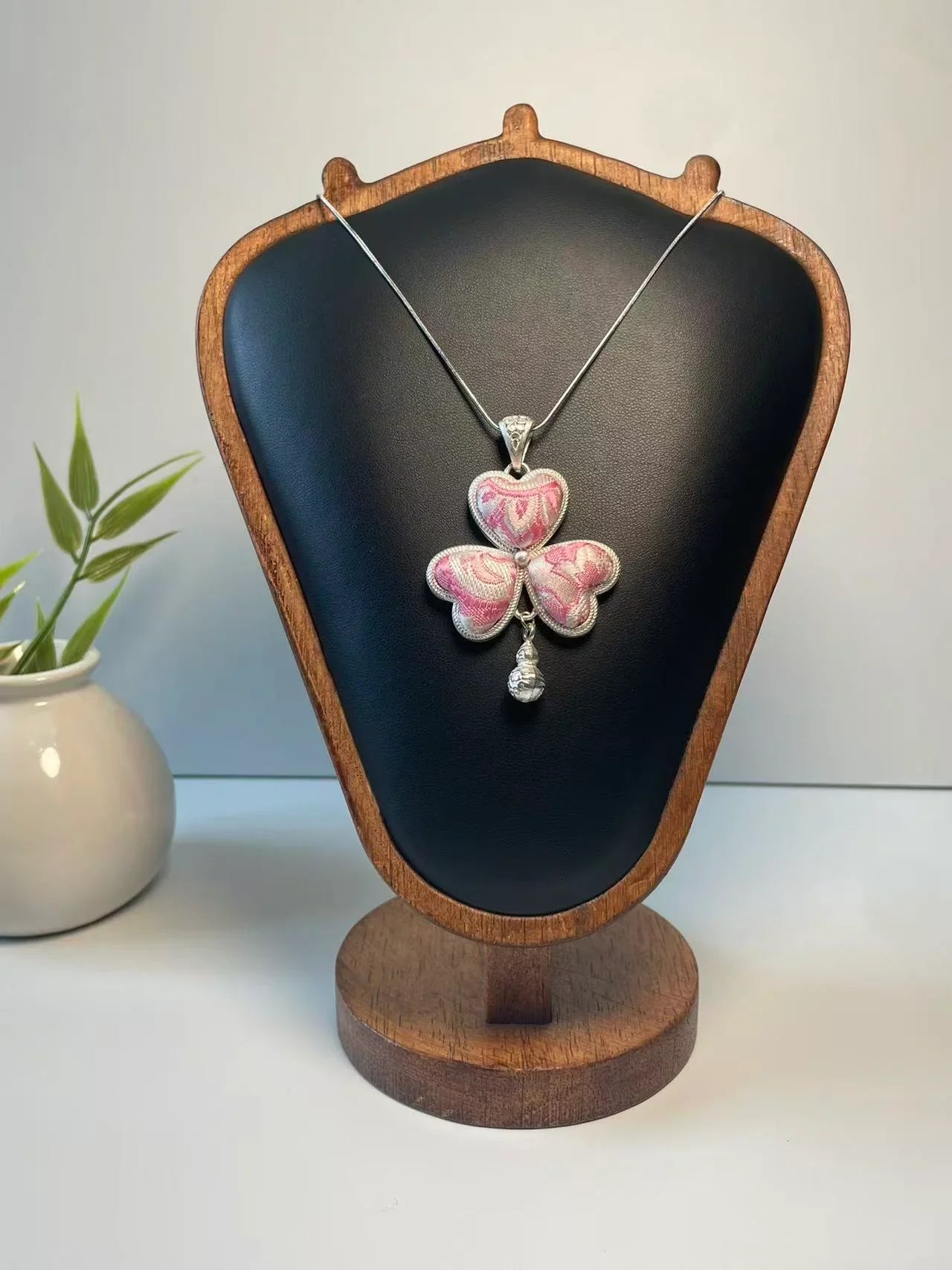 Miao Silver Plated Heart Clover Pendant Necklace Pink-Luma Vale