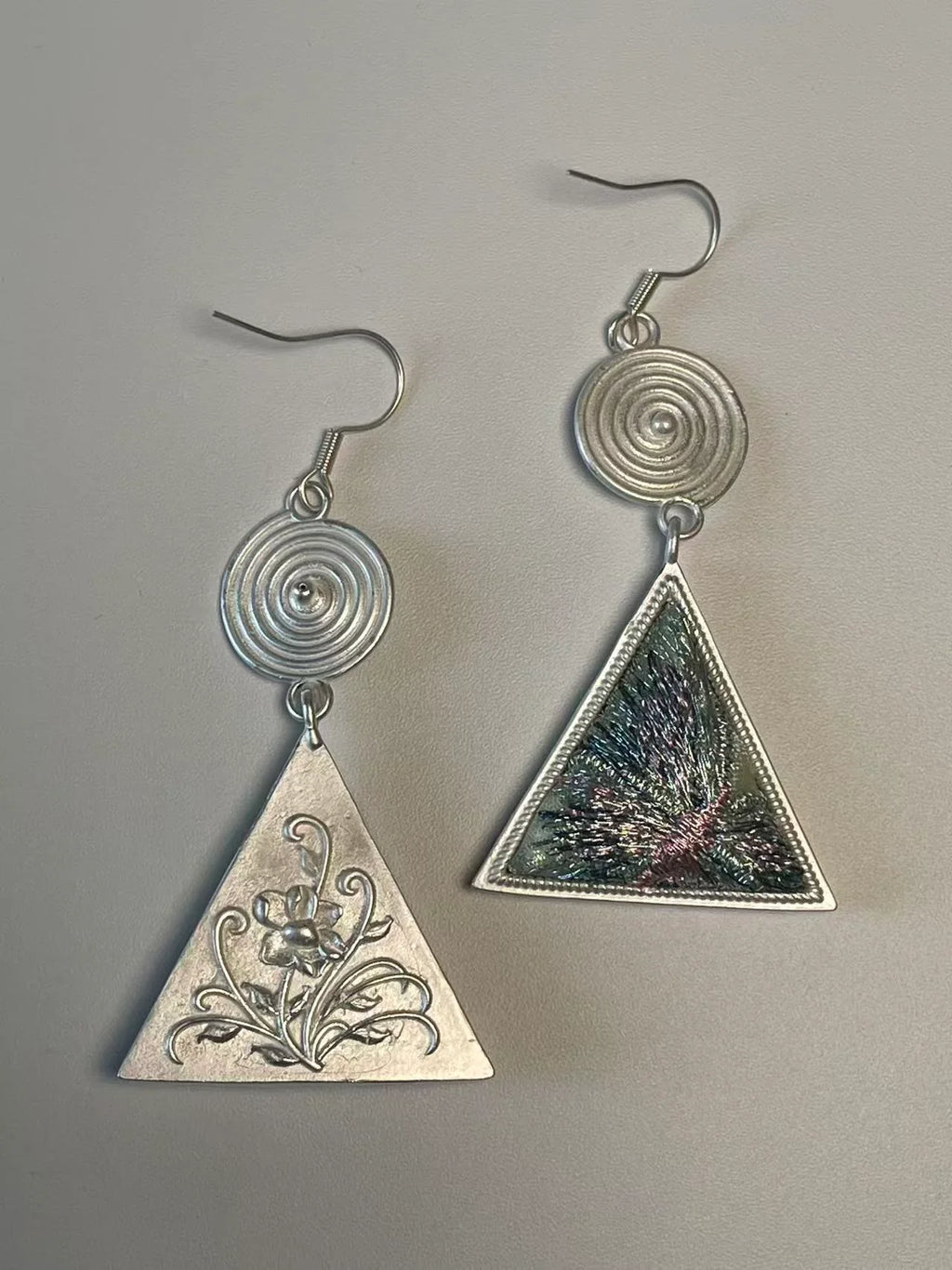 Miao Silver Plated Spiral Disc Embroidered Triangle Drop Earrings Multicolor-Luma Vale